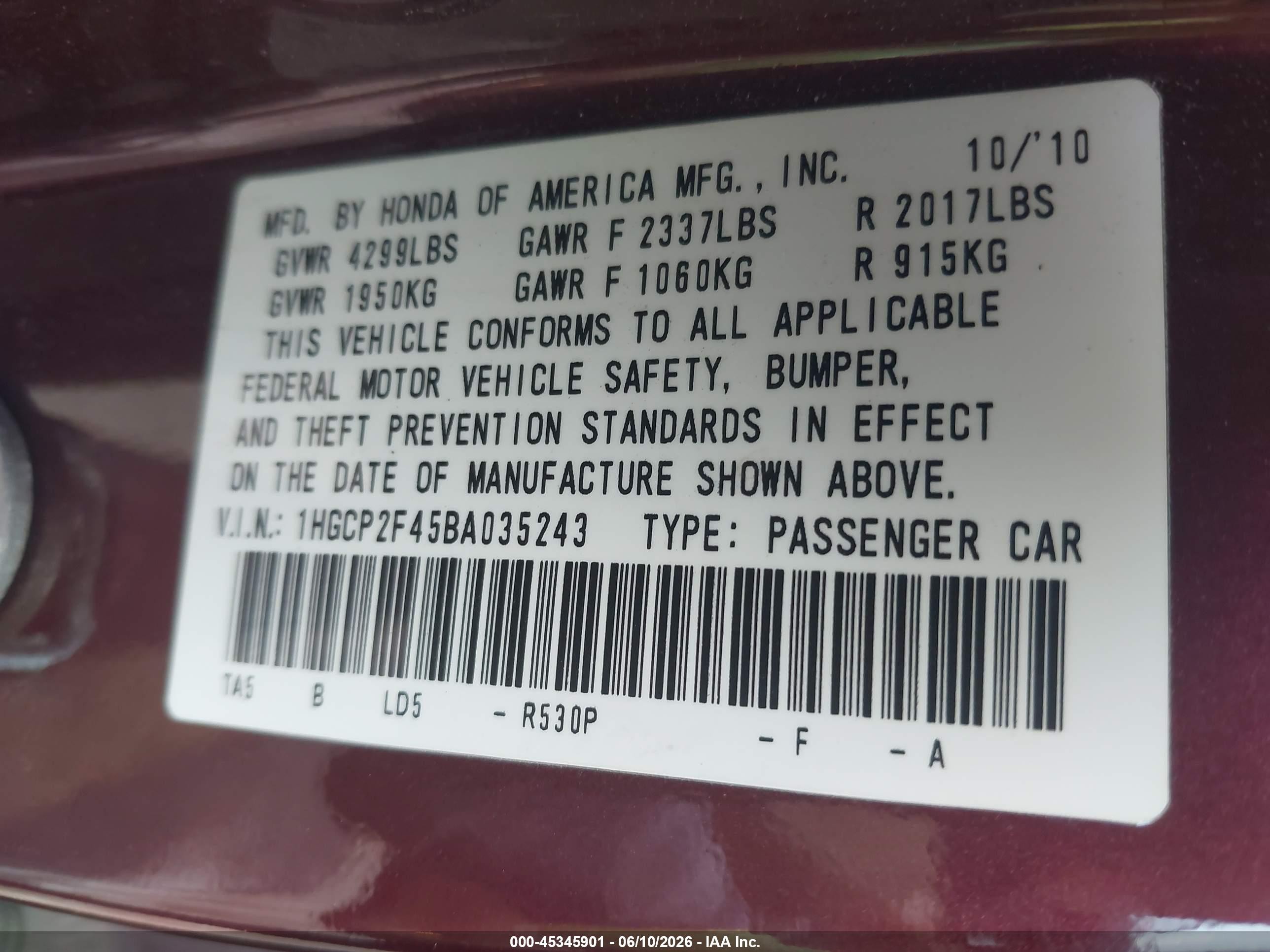 2011 Honda Accord 2.4 Lx-p Burgundy vin: 1HGCP2F45BA035243