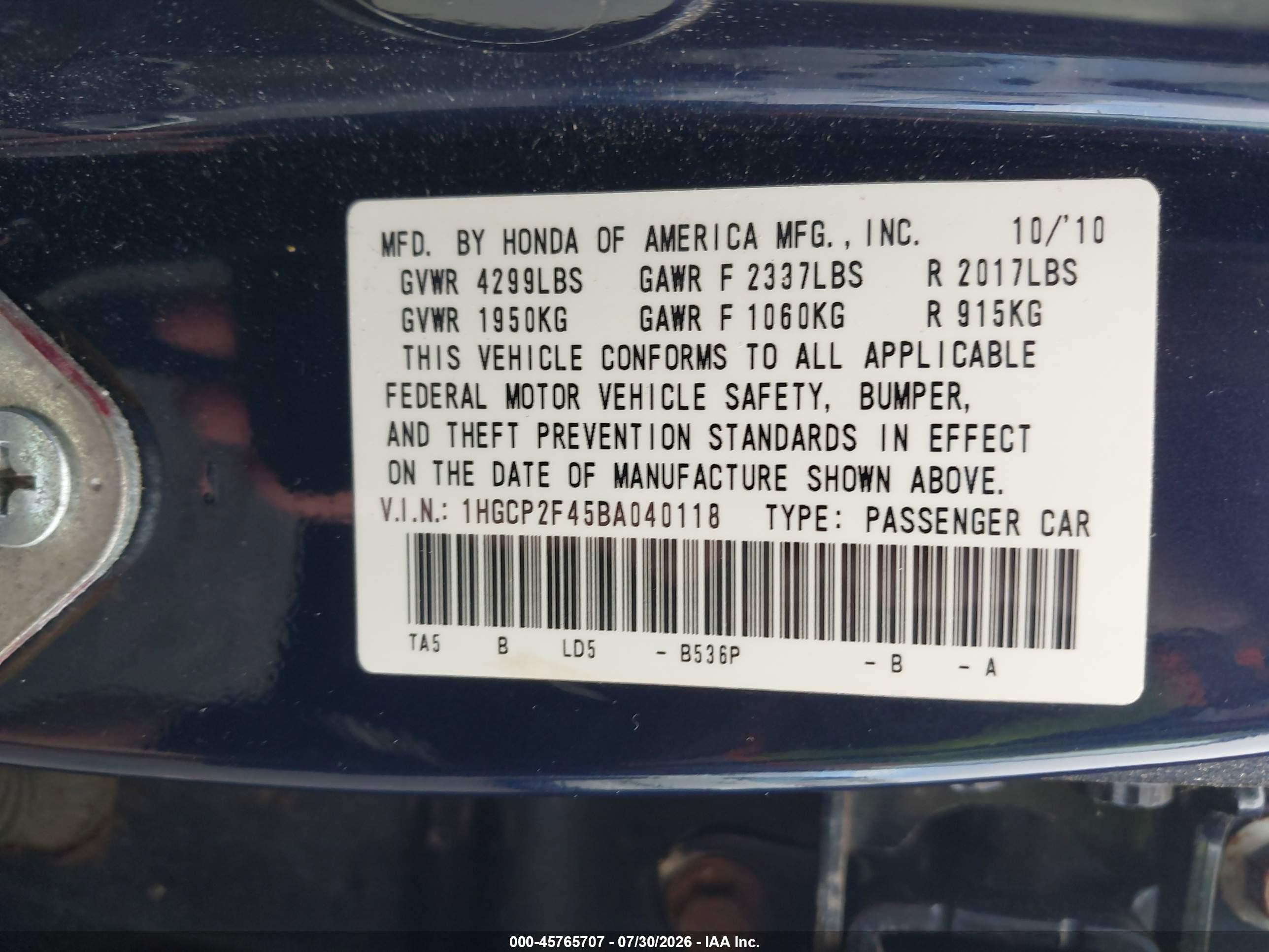 2011 Honda Accord 2.4 Lx-p Dark Blue vin: 1HGCP2F45BA040118