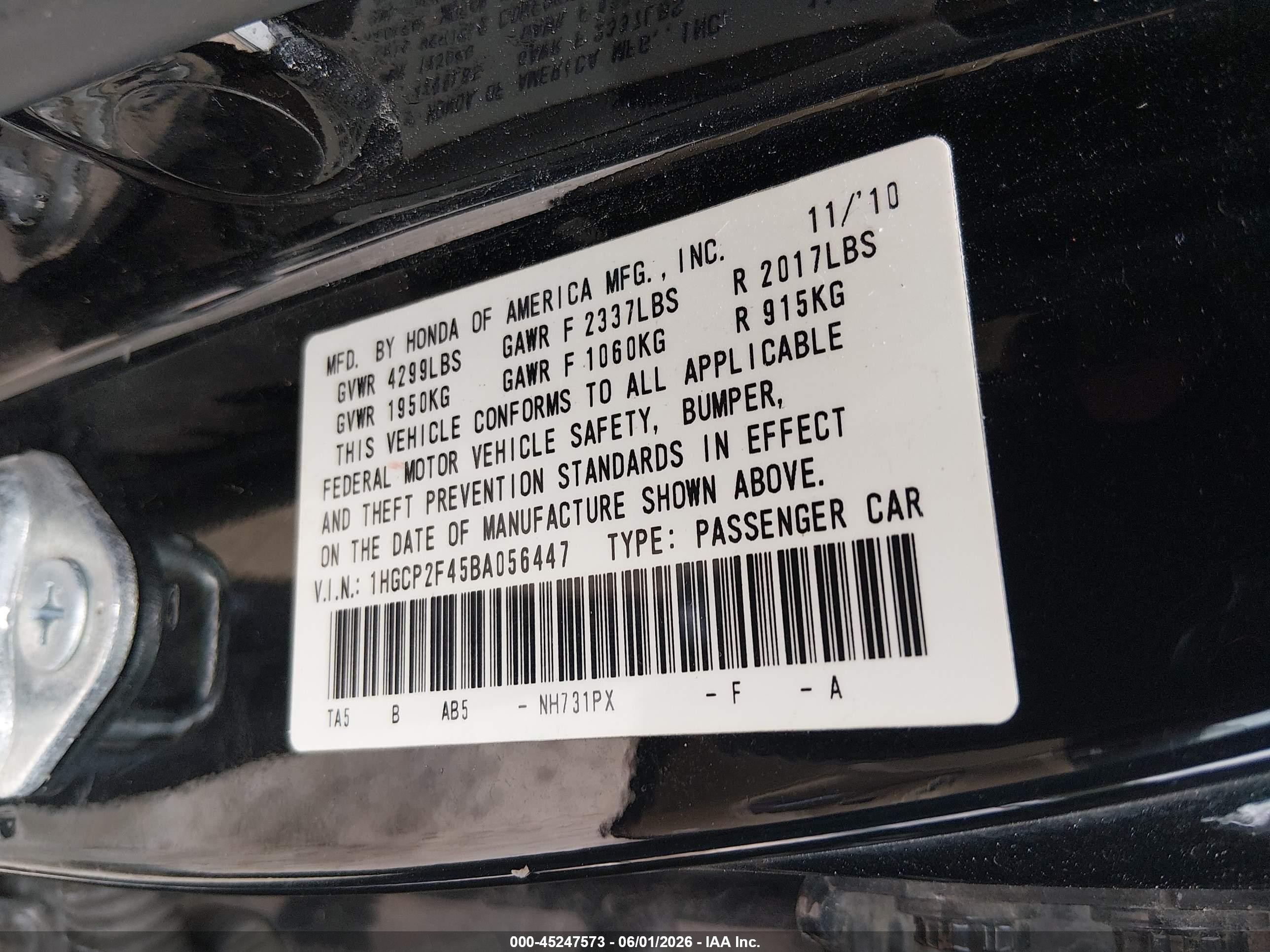 2011 Honda Accord 2.4 Lx-p Black vin: 1HGCP2F45BA056447