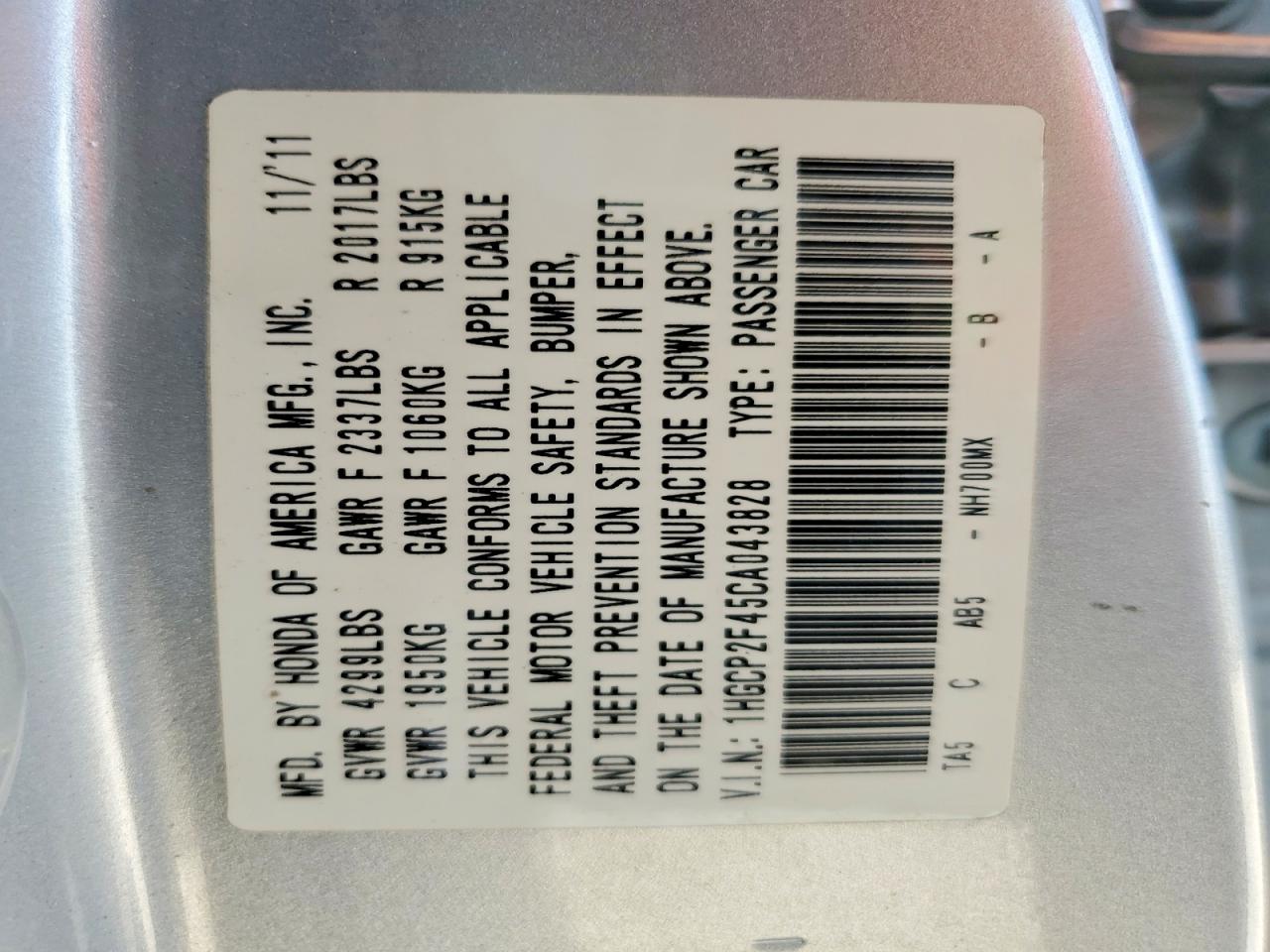 2012 Honda Accord Lxp Silver vin: 1HGCP2F45CA043828