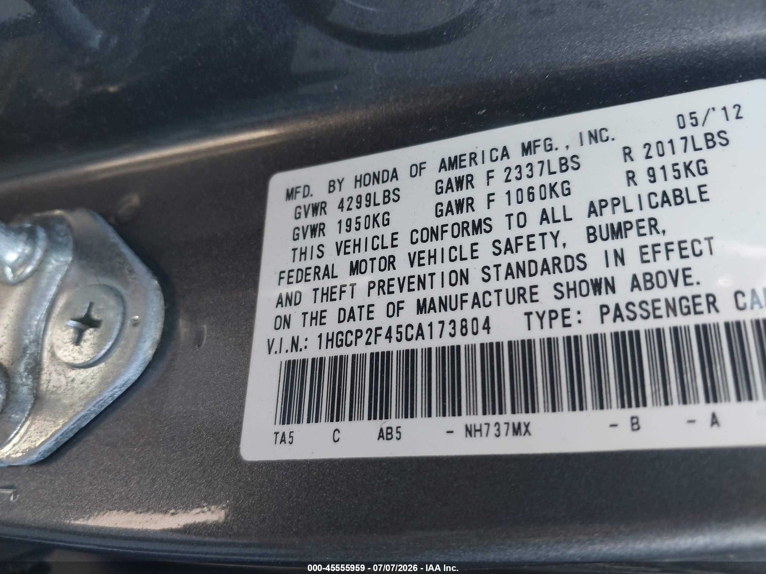 2012 Honda Accord 2.4 Lx-p Gray vin: 1HGCP2F45CA173804