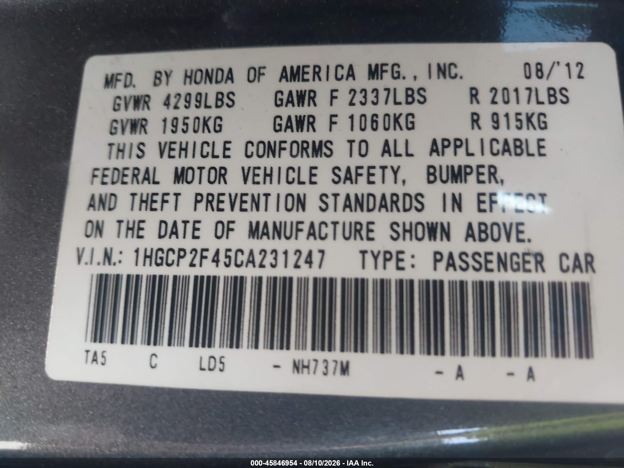 2012 Honda Accord 2.4 Lx-p Gray vin: 1HGCP2F45CA231247
