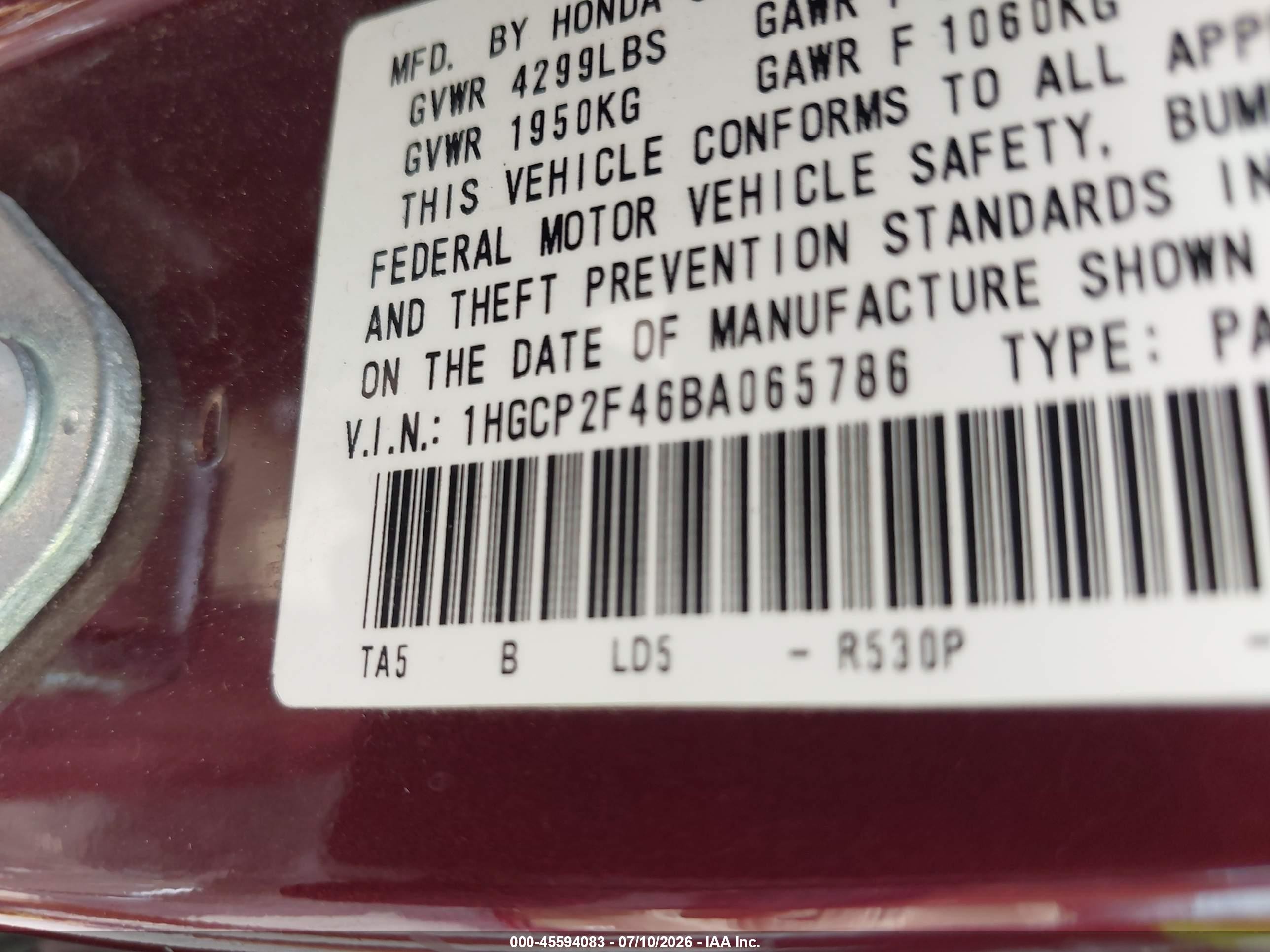 2011 Honda Accord 2.4 Lx-p Burgundy vin: 1HGCP2F46BA065786