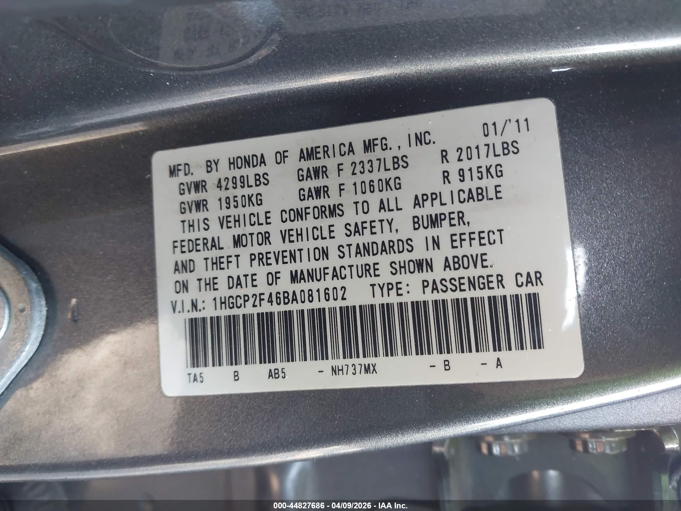 2011 Honda Accord 2.4 Lx-p Gray vin: 1HGCP2F46BA081602