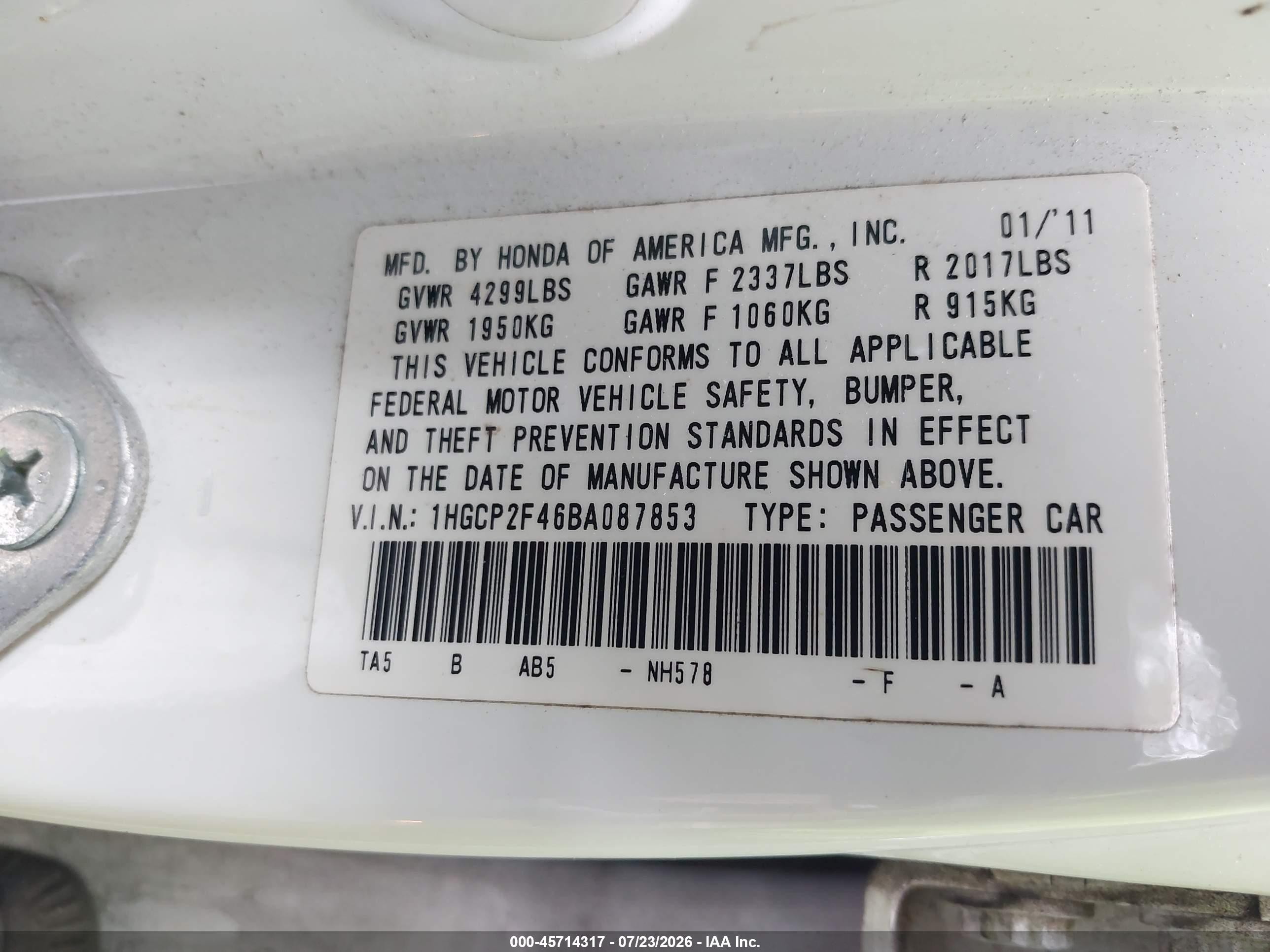 2011 Honda Accord 2.4 Lx-p White vin: 1HGCP2F46BA087853