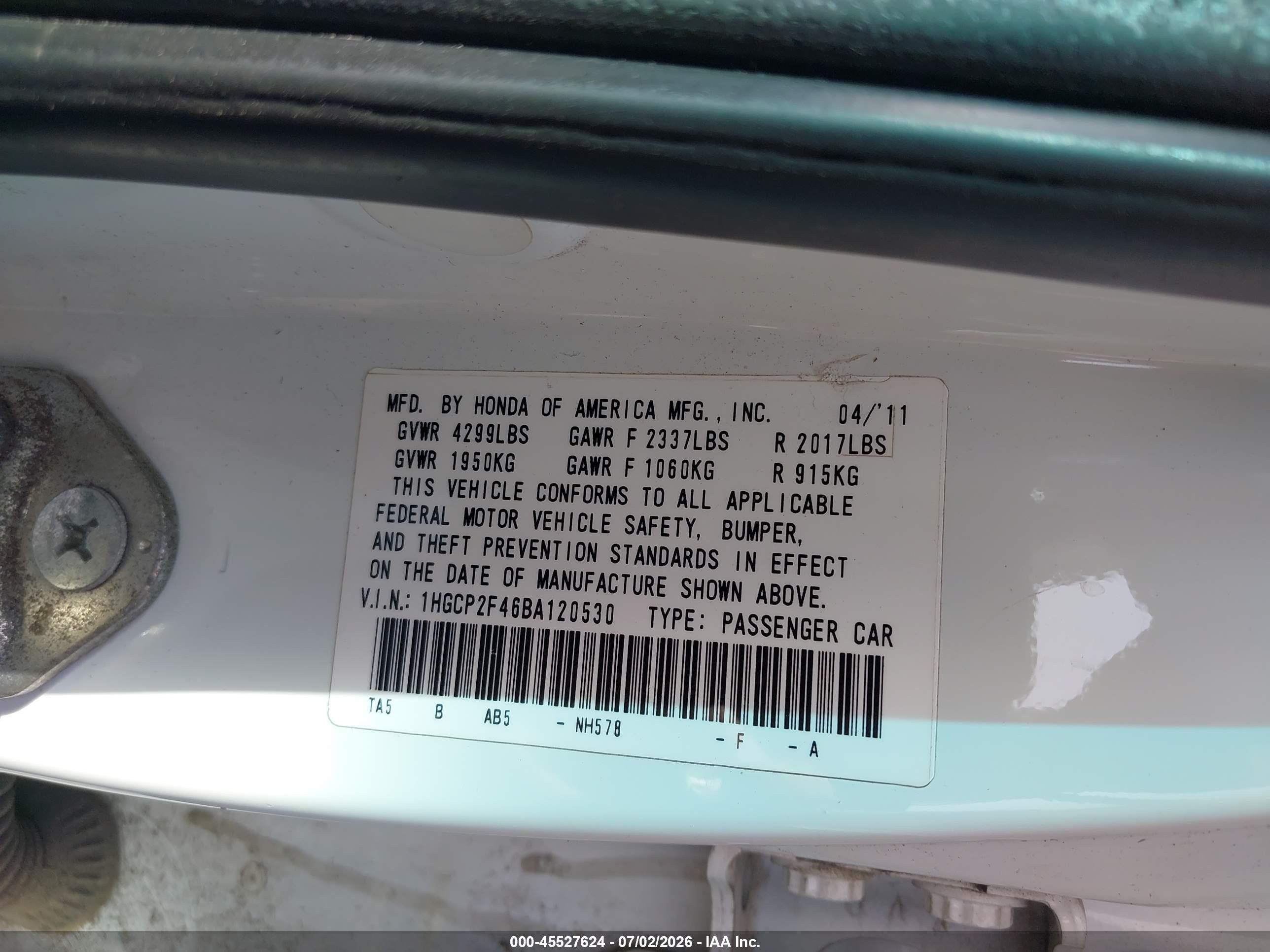 2011 Honda Accord 2.4 Lx-p Белый vin: 1HGCP2F46BA120530
