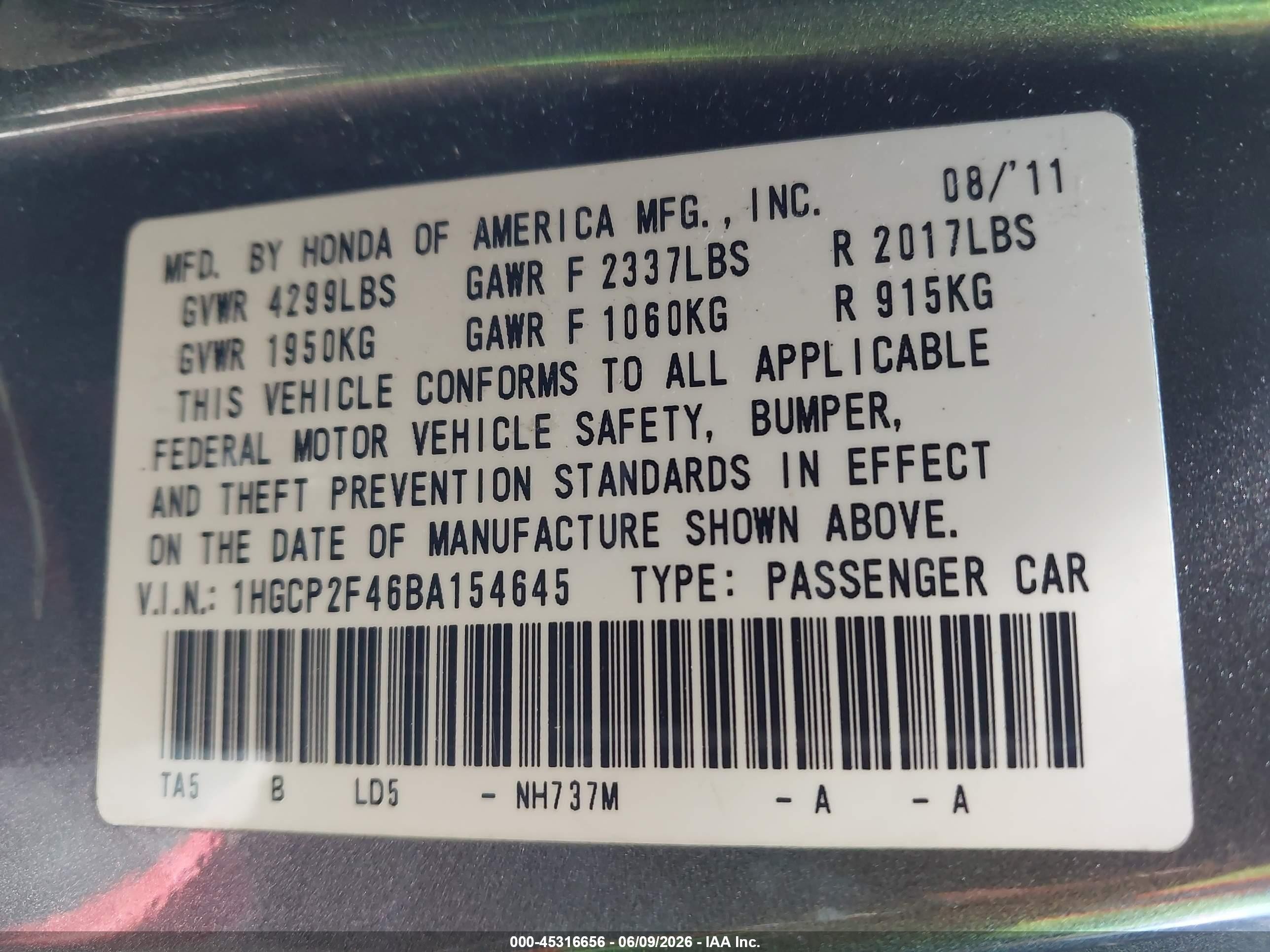 2011 Honda Accord 2.4 Lx-p Gray vin: 1HGCP2F46BA154645