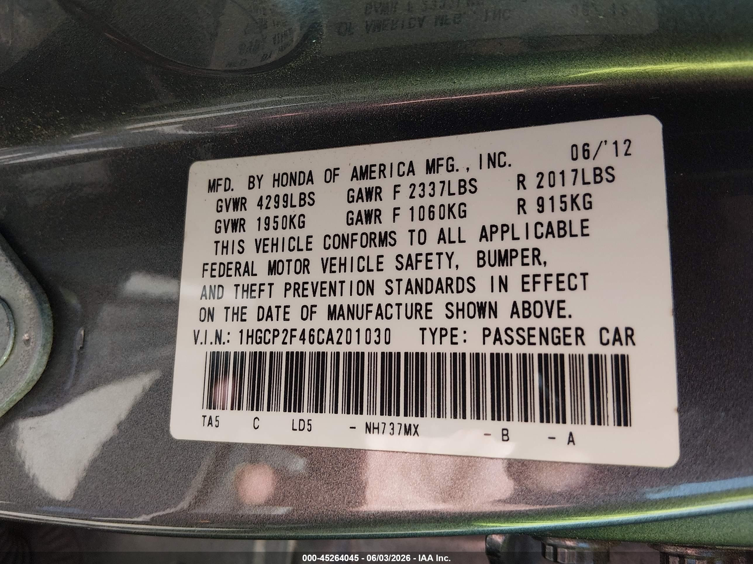 2012 Honda Accord 2.4 Lx-p Gray vin: 1HGCP2F46CA201030