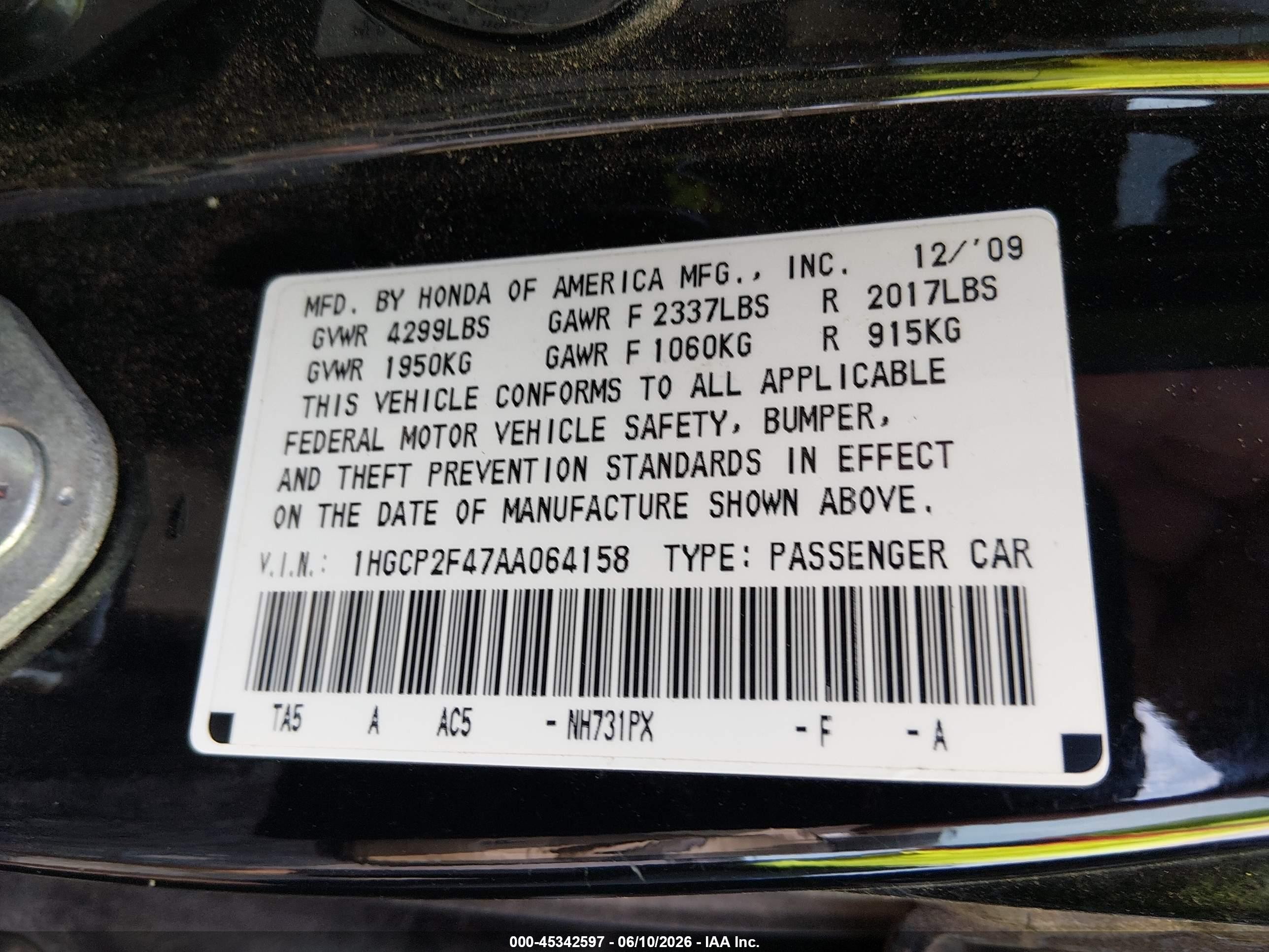 2010 Honda Accord 2.4 Lx-p Black vin: 1HGCP2F47AA064158