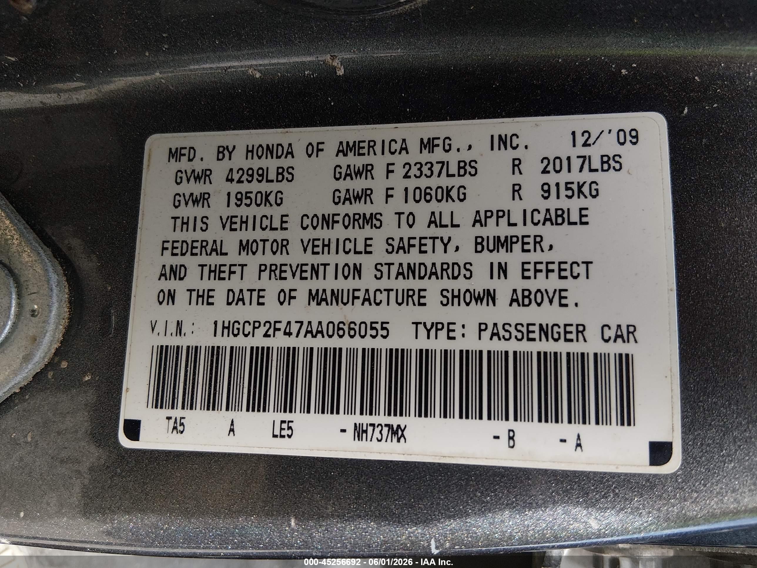 2010 Honda Accord 2.4 Lx-p Gray vin: 1HGCP2F47AA066055