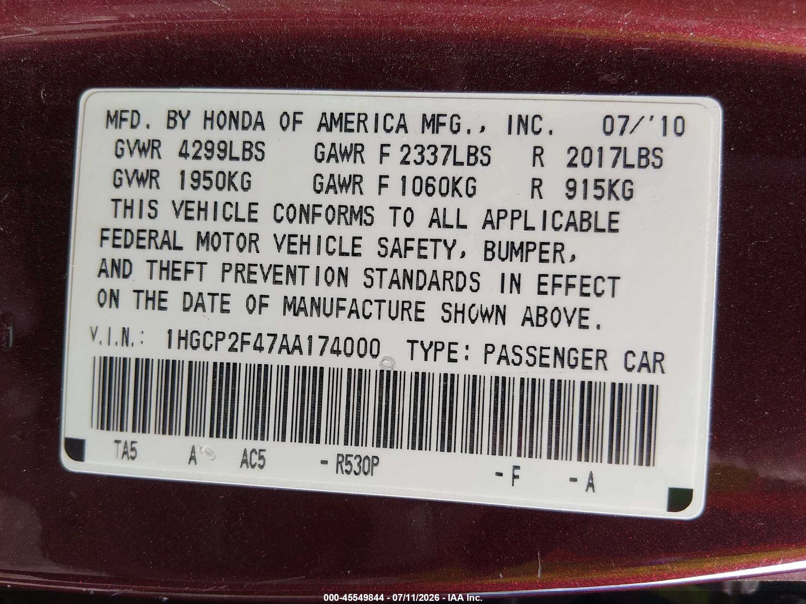 2010 Honda Accord 2.4 Lx-p Purple vin: 1HGCP2F47AA174000
