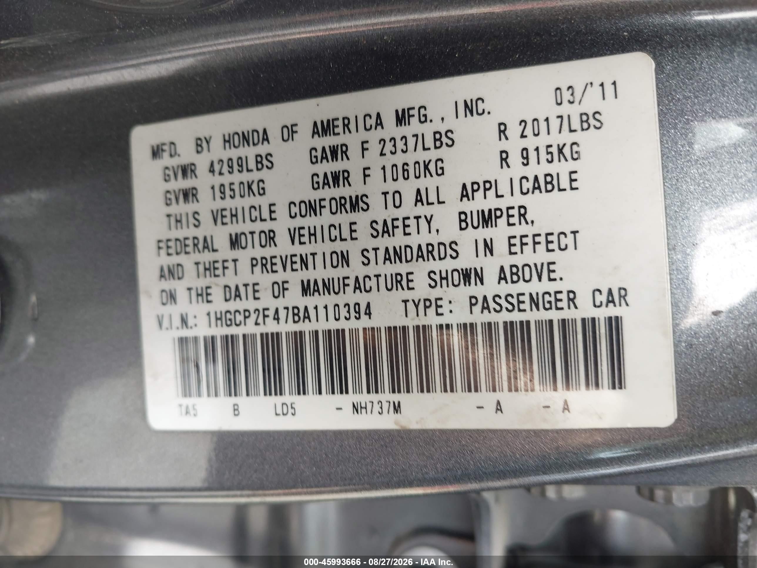2011 Honda Accord 2.4 Lx-p Gray vin: 1HGCP2F47BA110394