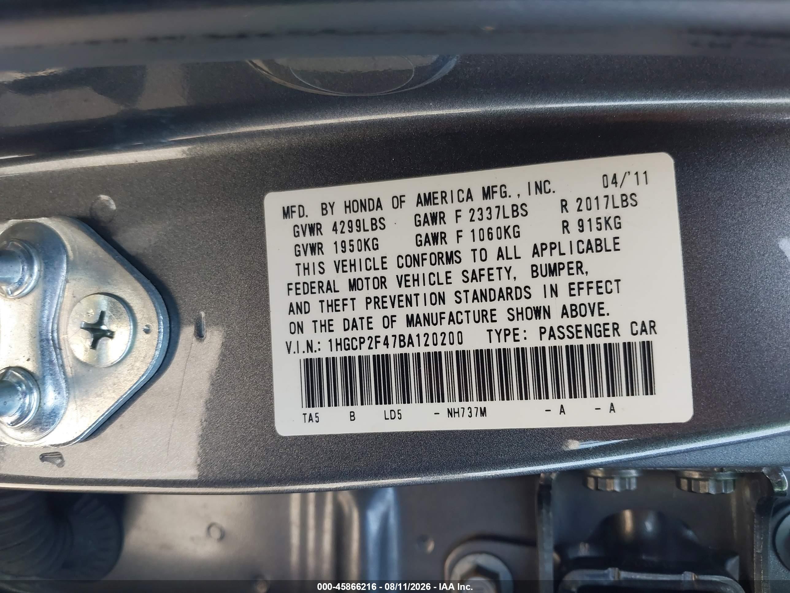 2011 Honda Accord 2.4 Lx-p Gray vin: 1HGCP2F47BA120200