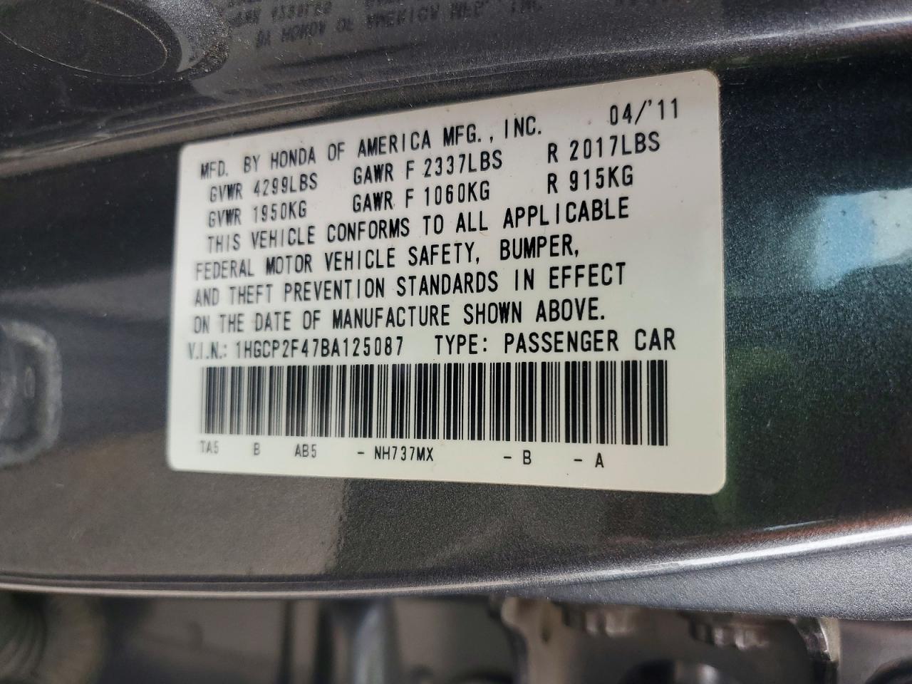 2011 Honda Accord Lxp Gray vin: 1HGCP2F47BA125087