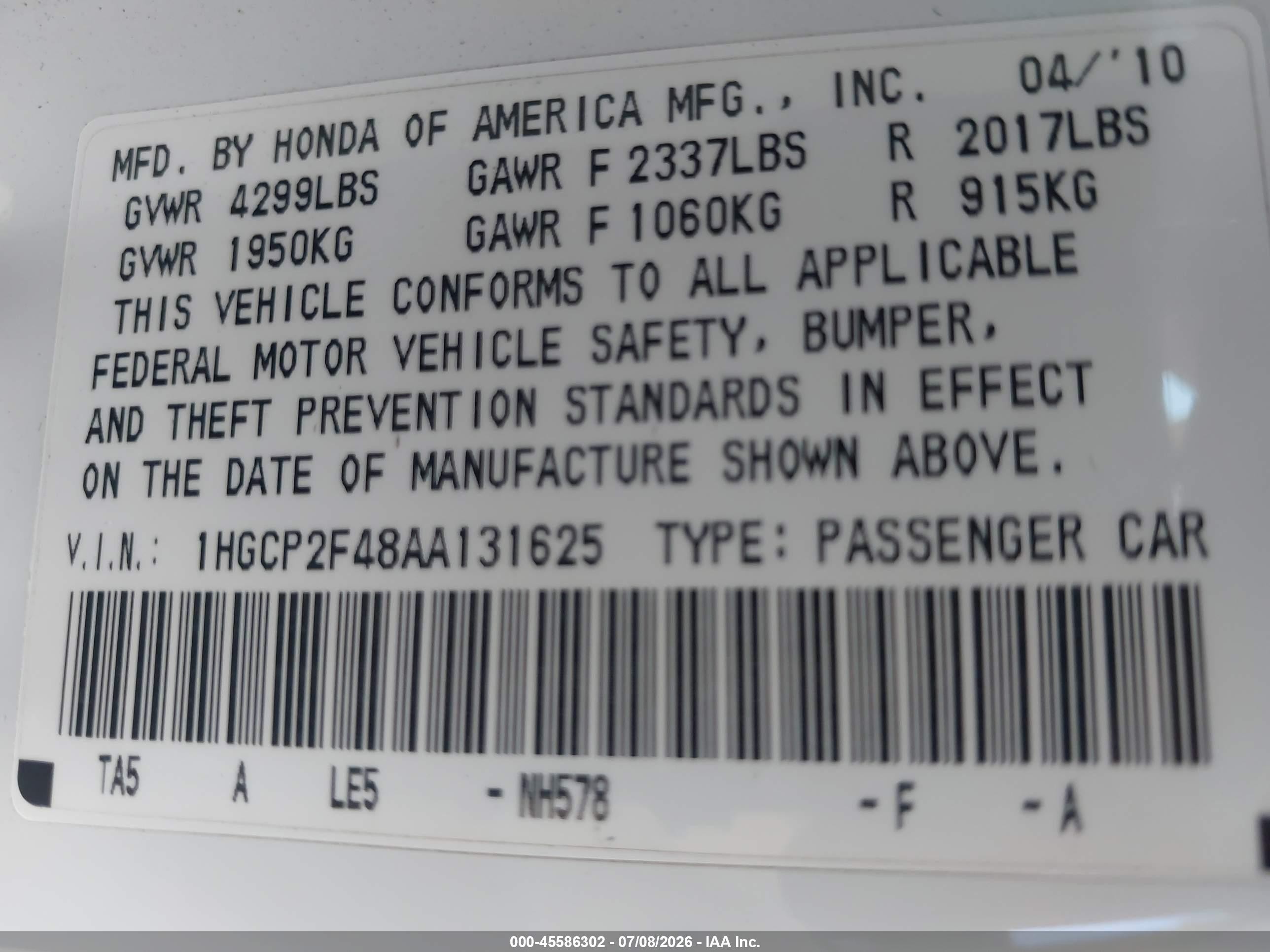 2010 Honda Accord 2.4 Lx-p Белый vin: 1HGCP2F48AA131625