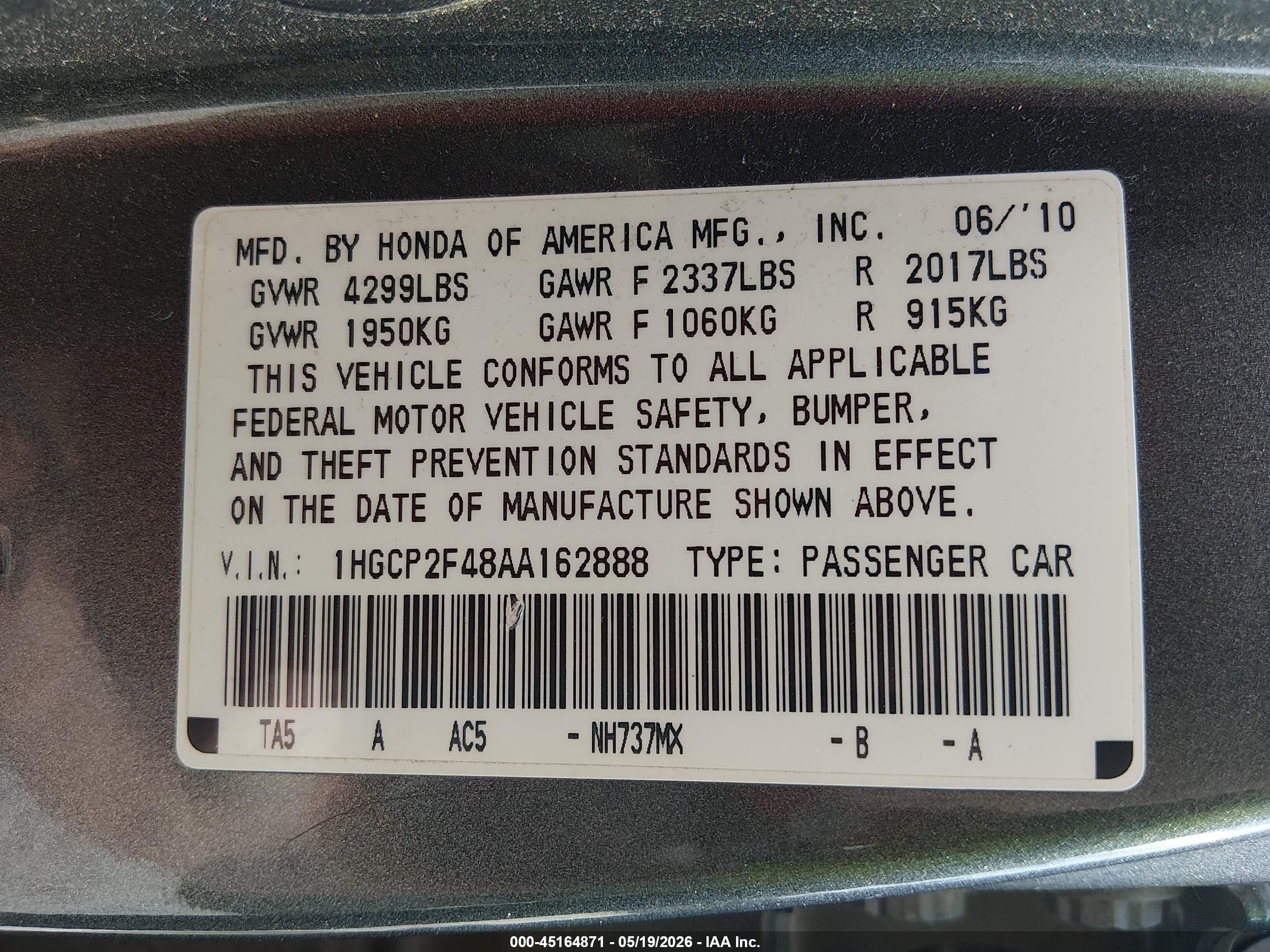 2010 Honda Accord 2.4 Lx-p Gray vin: 1HGCP2F48AA162888