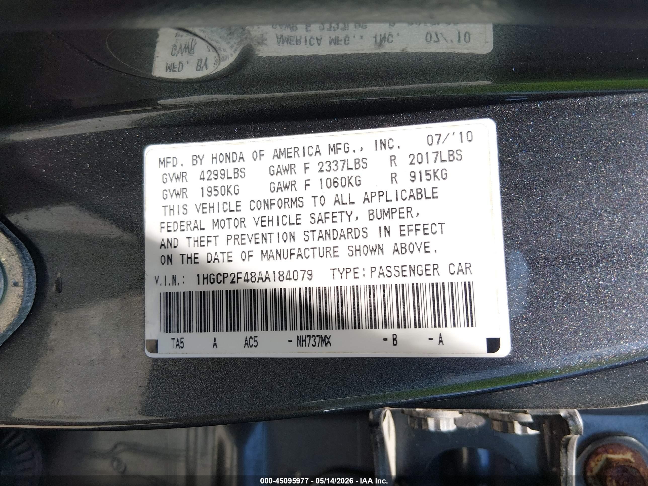 2010 Honda Accord 2.4 Lx-p Gray vin: 1HGCP2F48AA184079