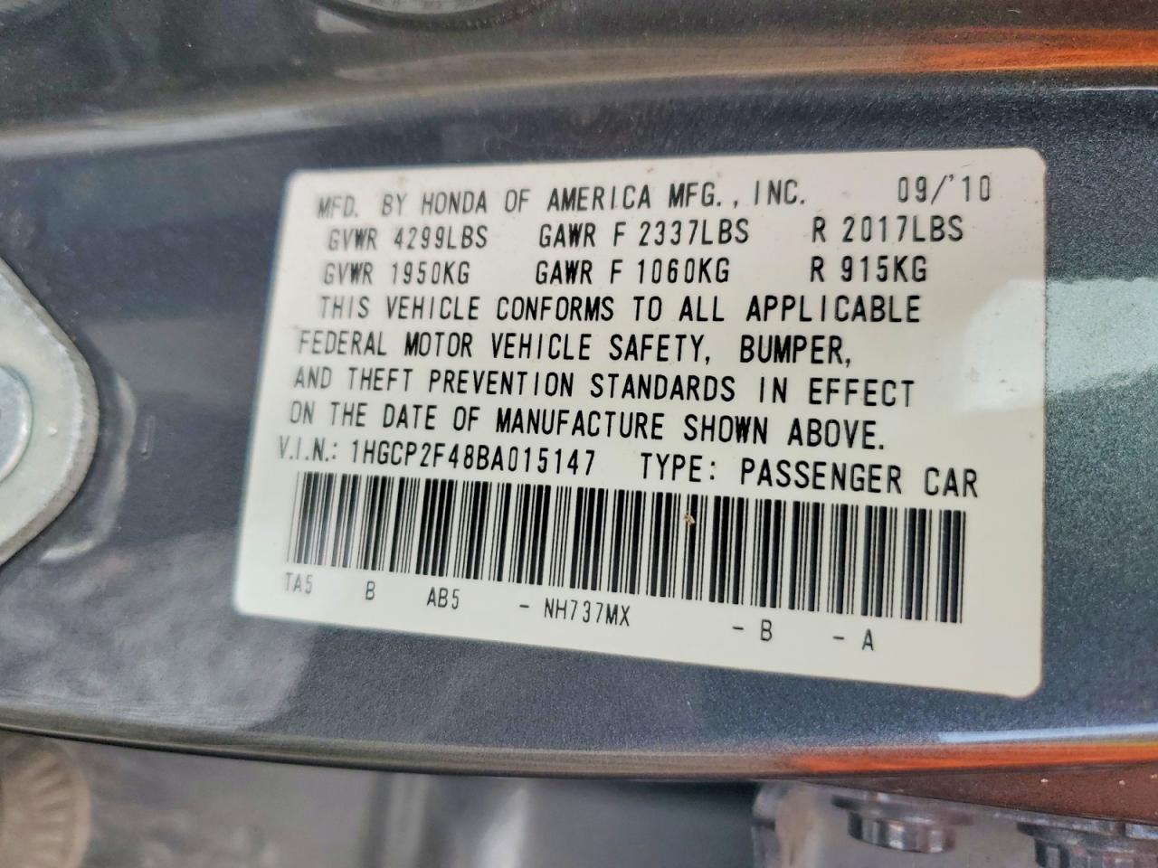 2011 Hond Accord Charcoal vin: 1HGCP2F48BA015147