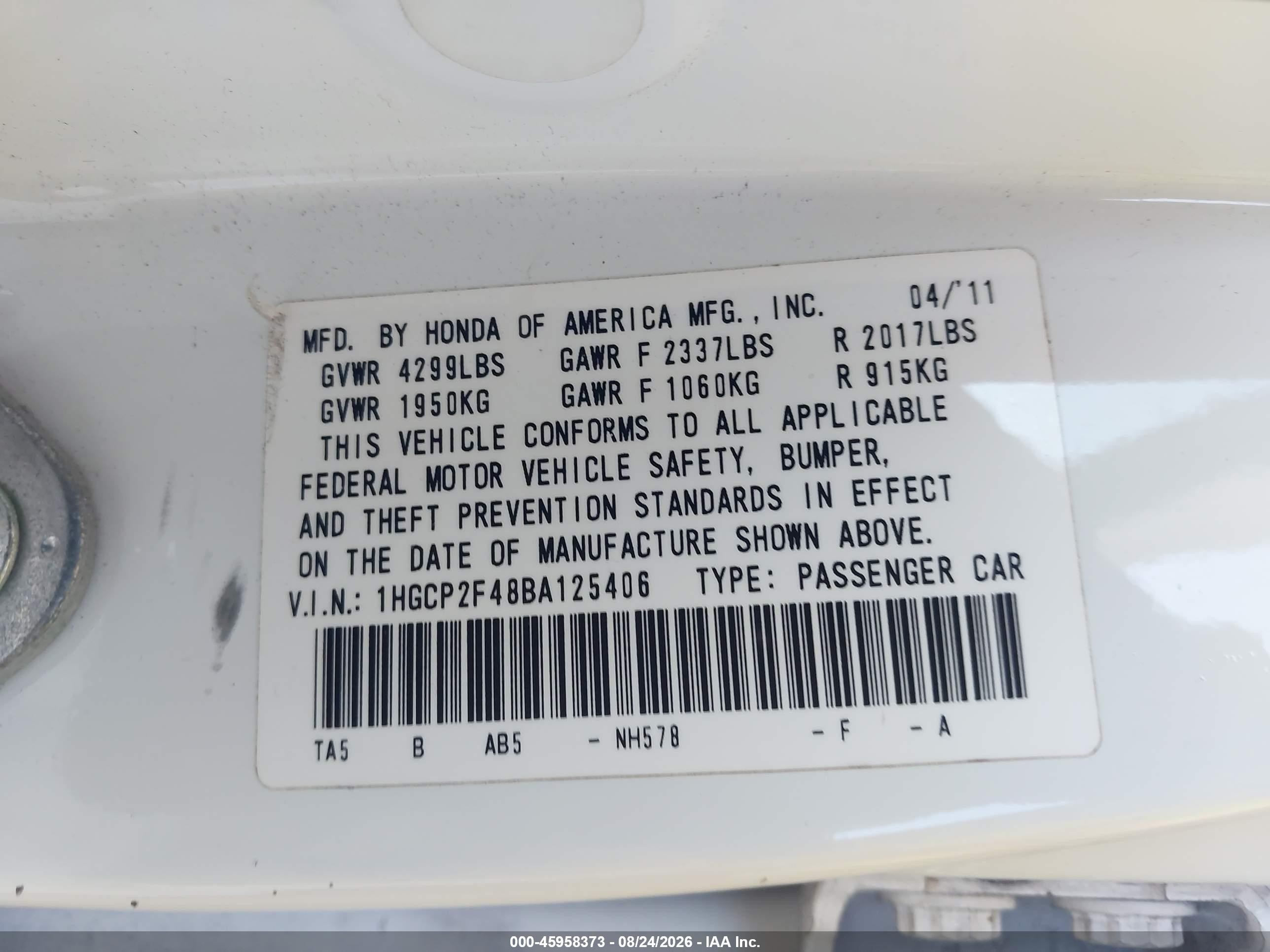 2011 Honda Accord 2.4 Lx-p White vin: 1HGCP2F48BA125406