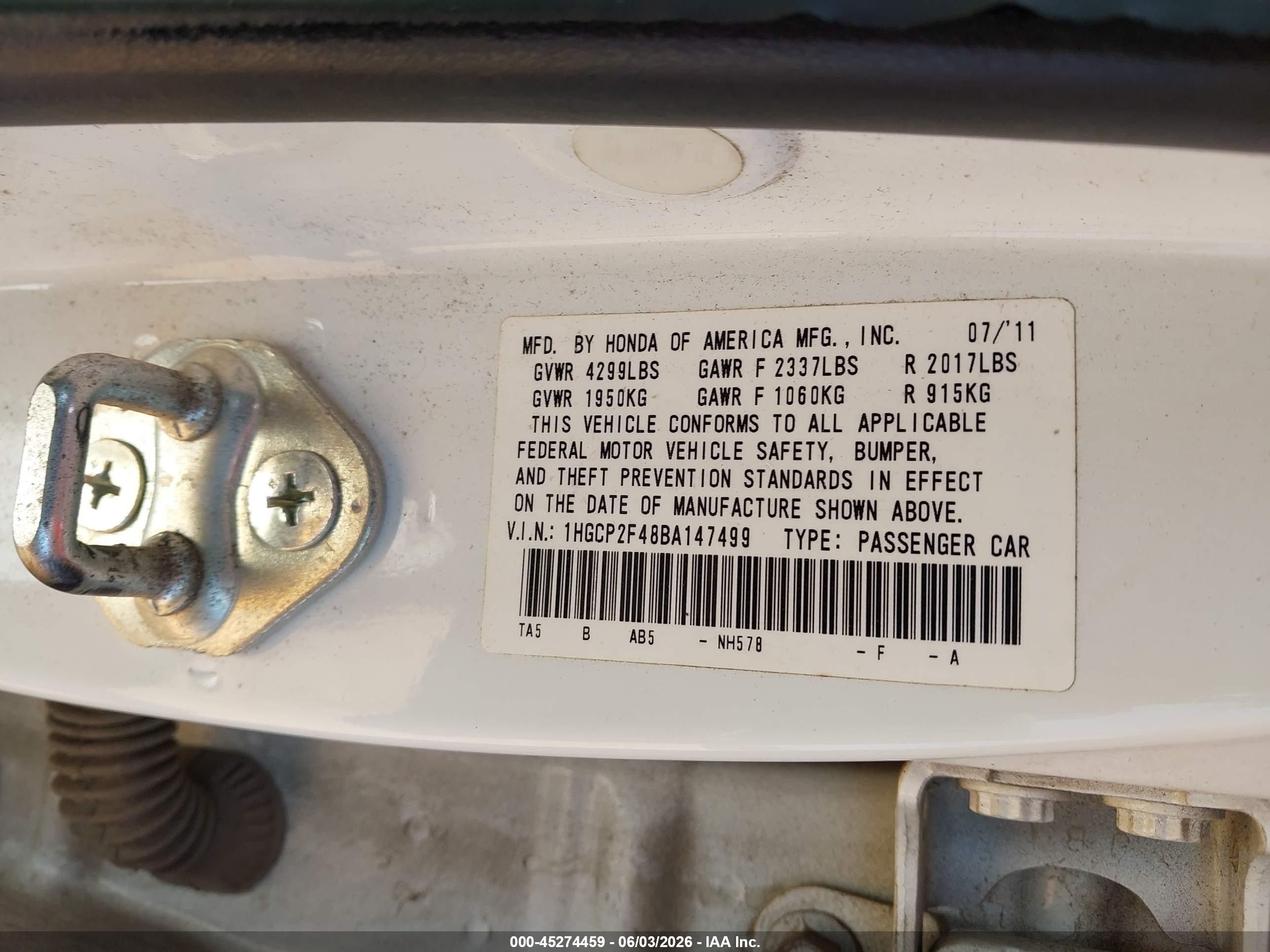 2011 Honda Accord 2.4 Lx-p White vin: 1HGCP2F48BA147499