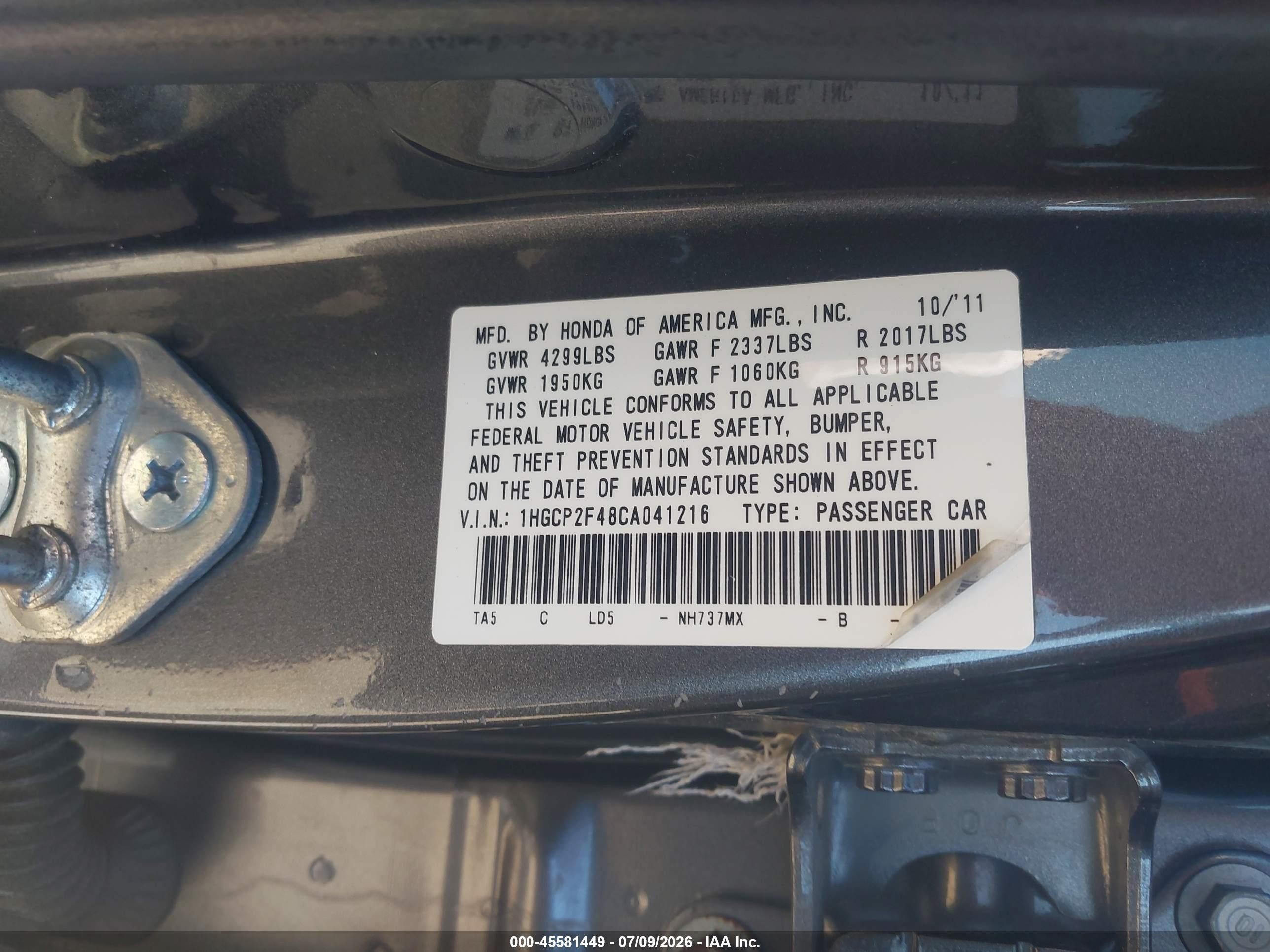 2012 Honda Accord 2.4 Lx-p Gray vin: 1HGCP2F48CA041216