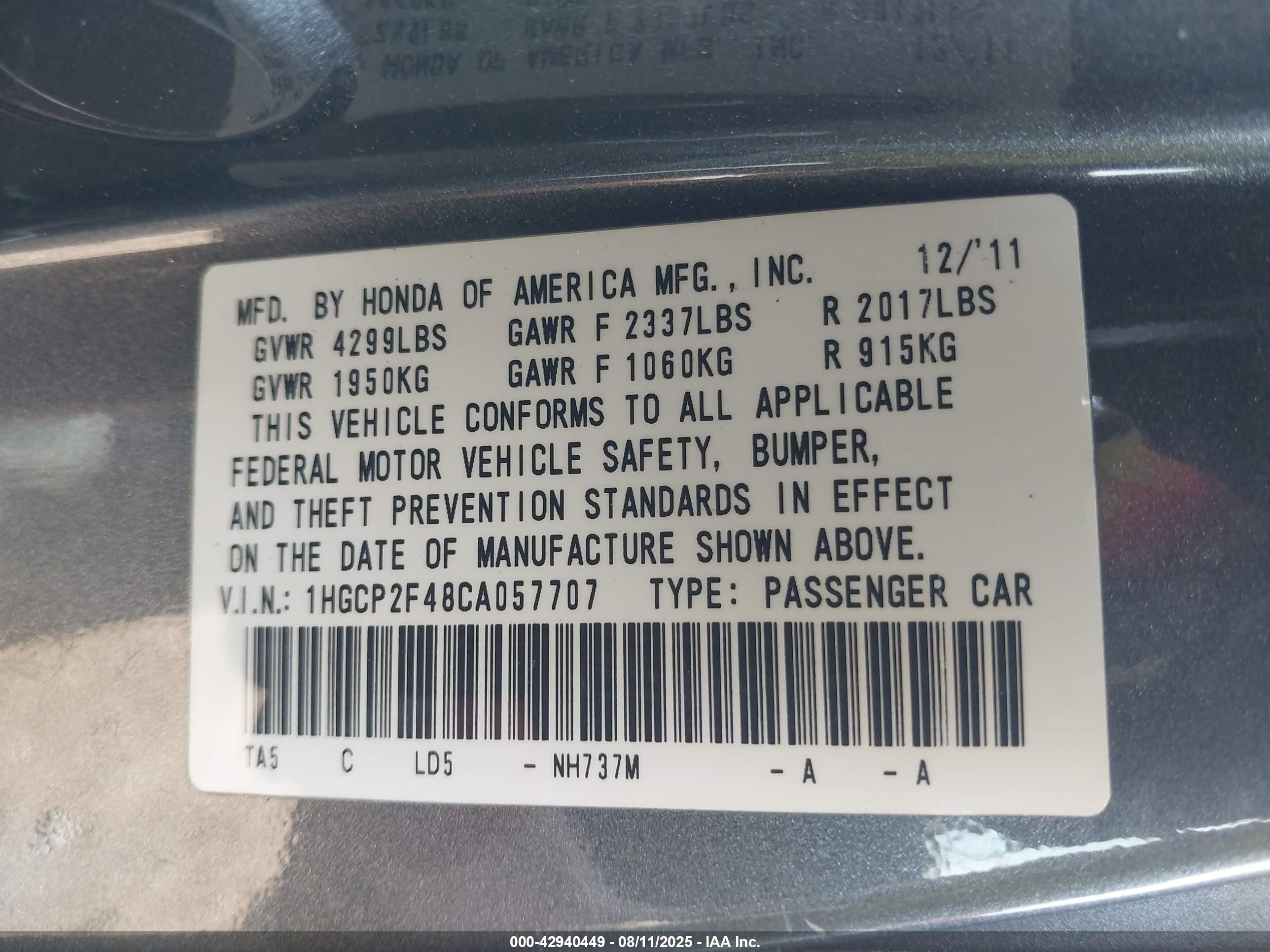 2012 Honda Accord Sdn Lx Premium Gray vin: 1HGCP2F48CA057707
