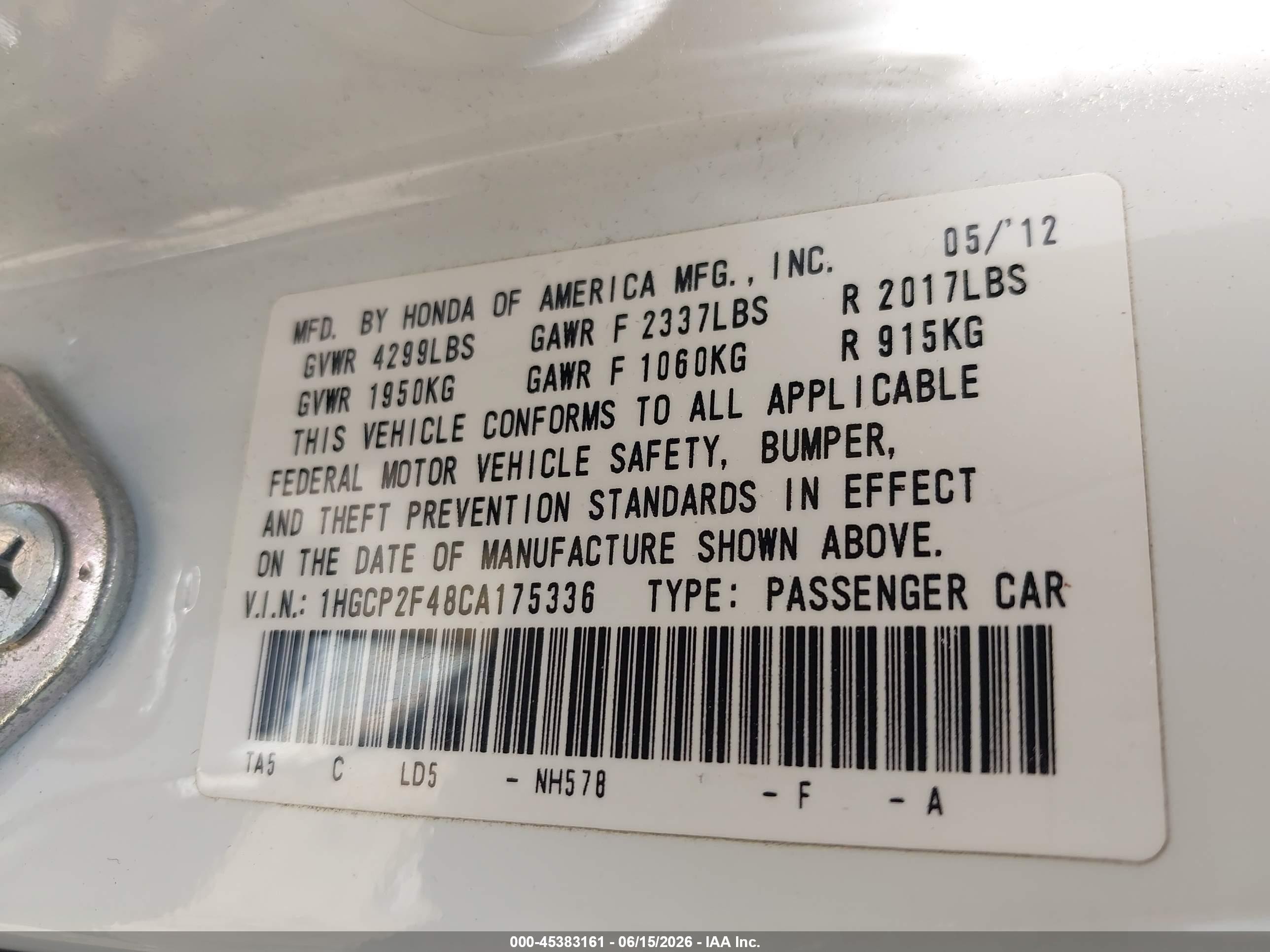 2012 Honda Accord 2.4 Lx-p White vin: 1HGCP2F48CA175336