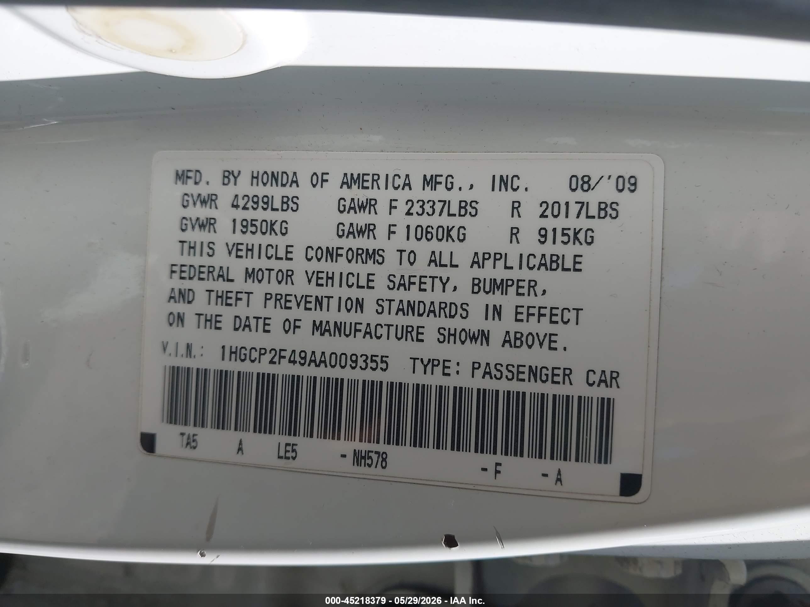 2010 Honda Accord 2.4 Lx-p White vin: 1HGCP2F49AA009355