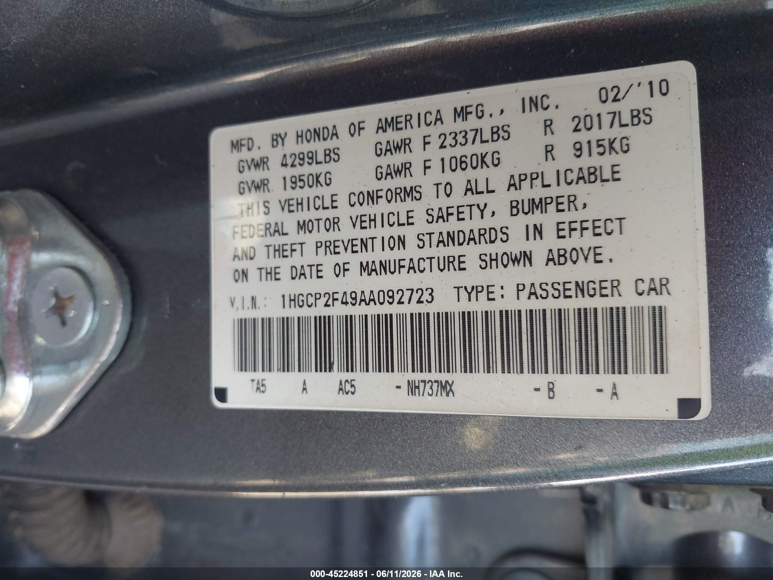 2010 Honda Accord 2.4 Lx-p Gray vin: 1HGCP2F49AA092723