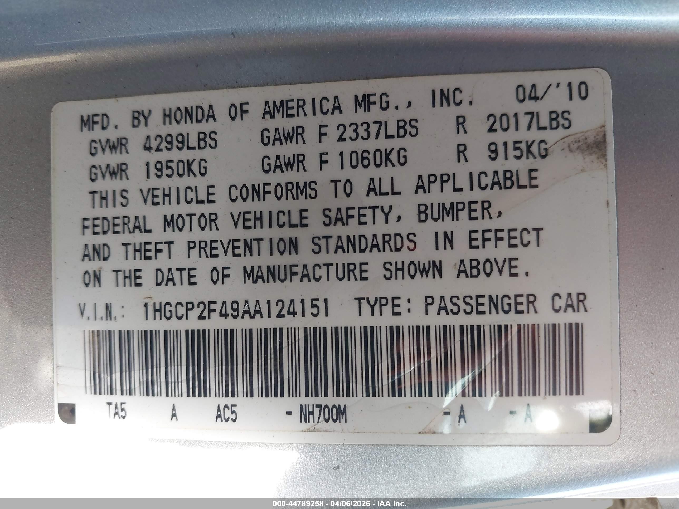 2010 Honda Accord 2.4 Lx-p Silver vin: 1HGCP2F49AA124151