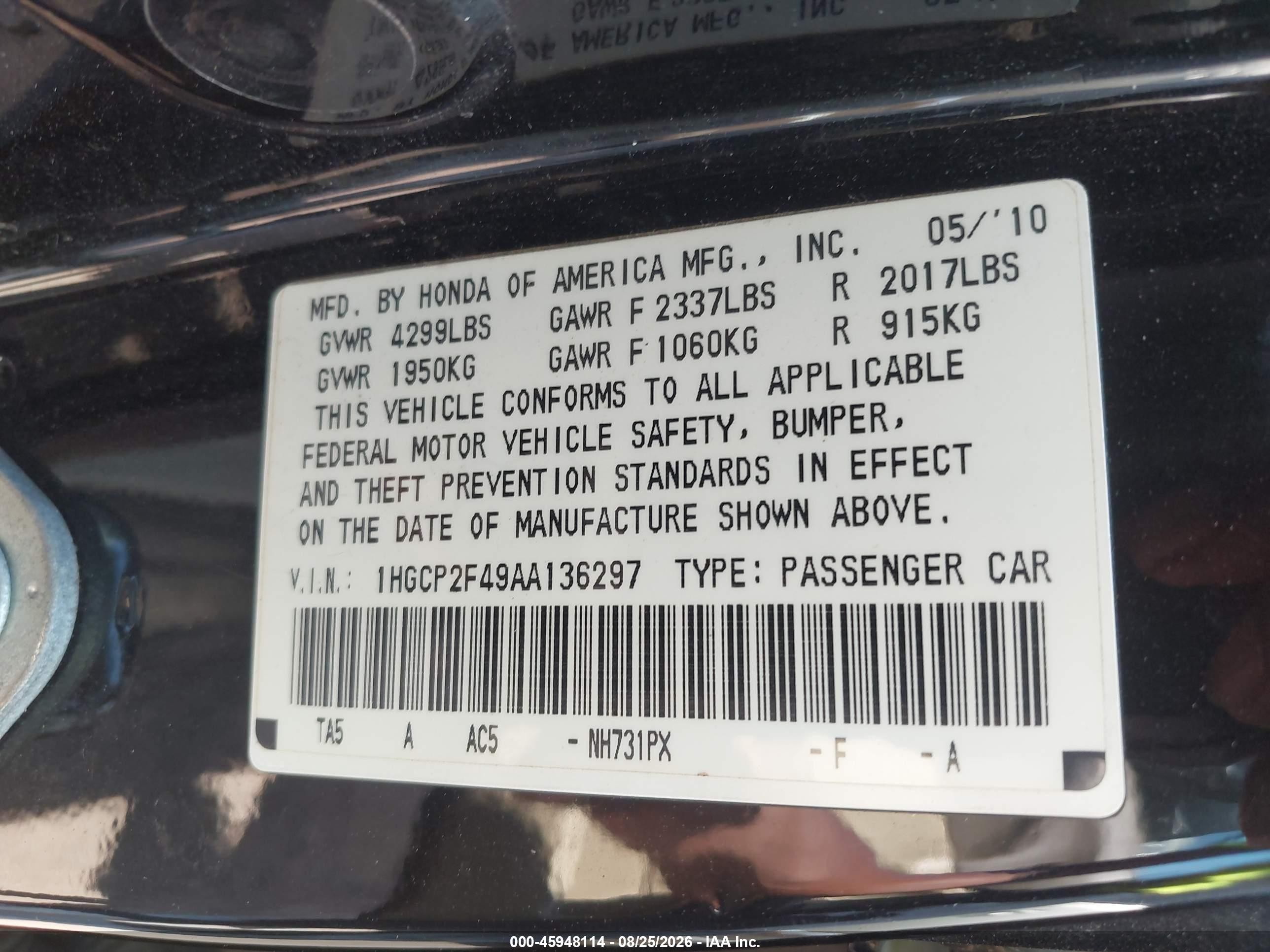 2010 Honda Accord 2.4 Lx-p Black vin: 1HGCP2F49AA136297