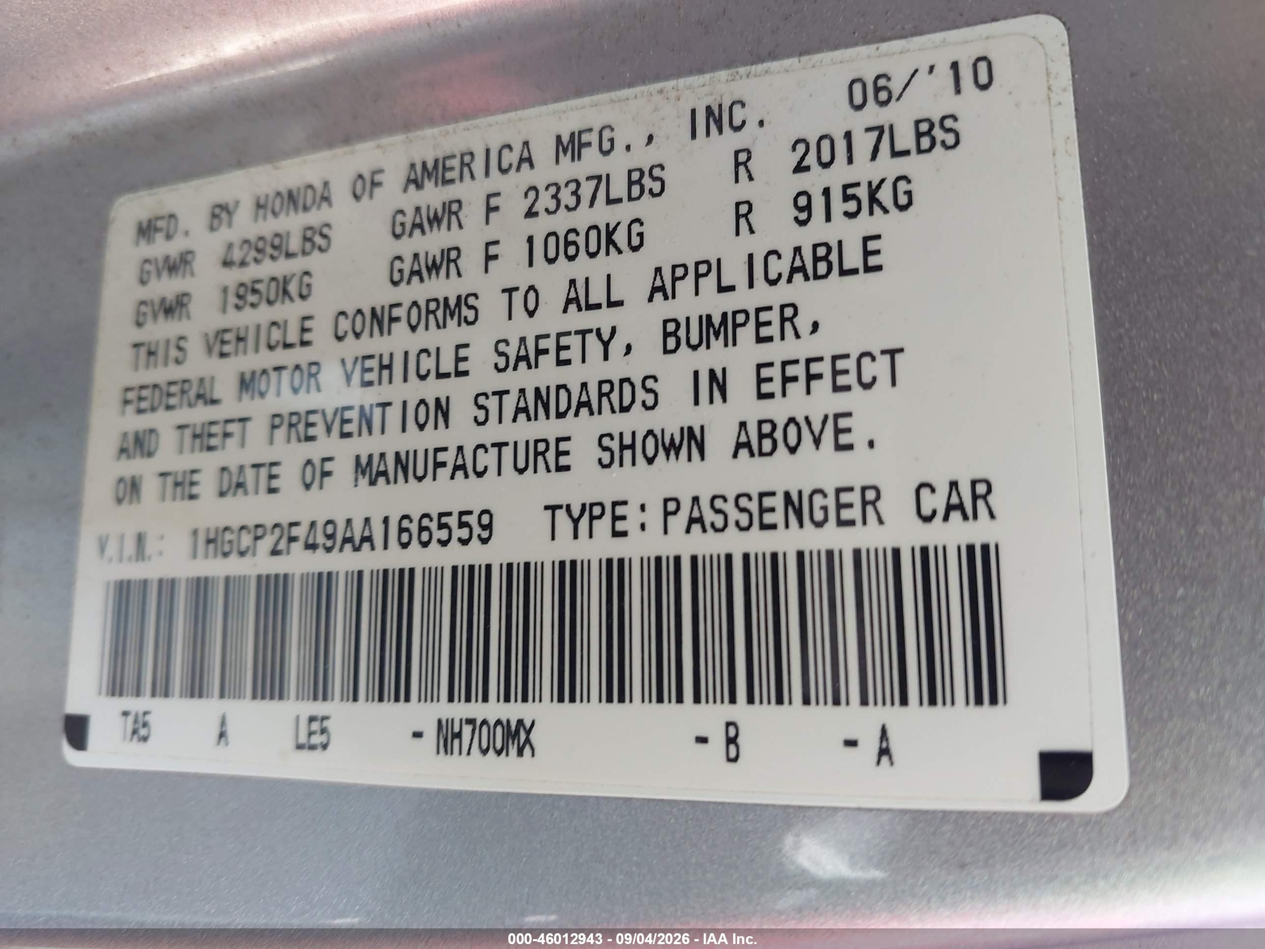 2010 Honda Accord 2.4 Lx-p Silver vin: 1HGCP2F49AA166559