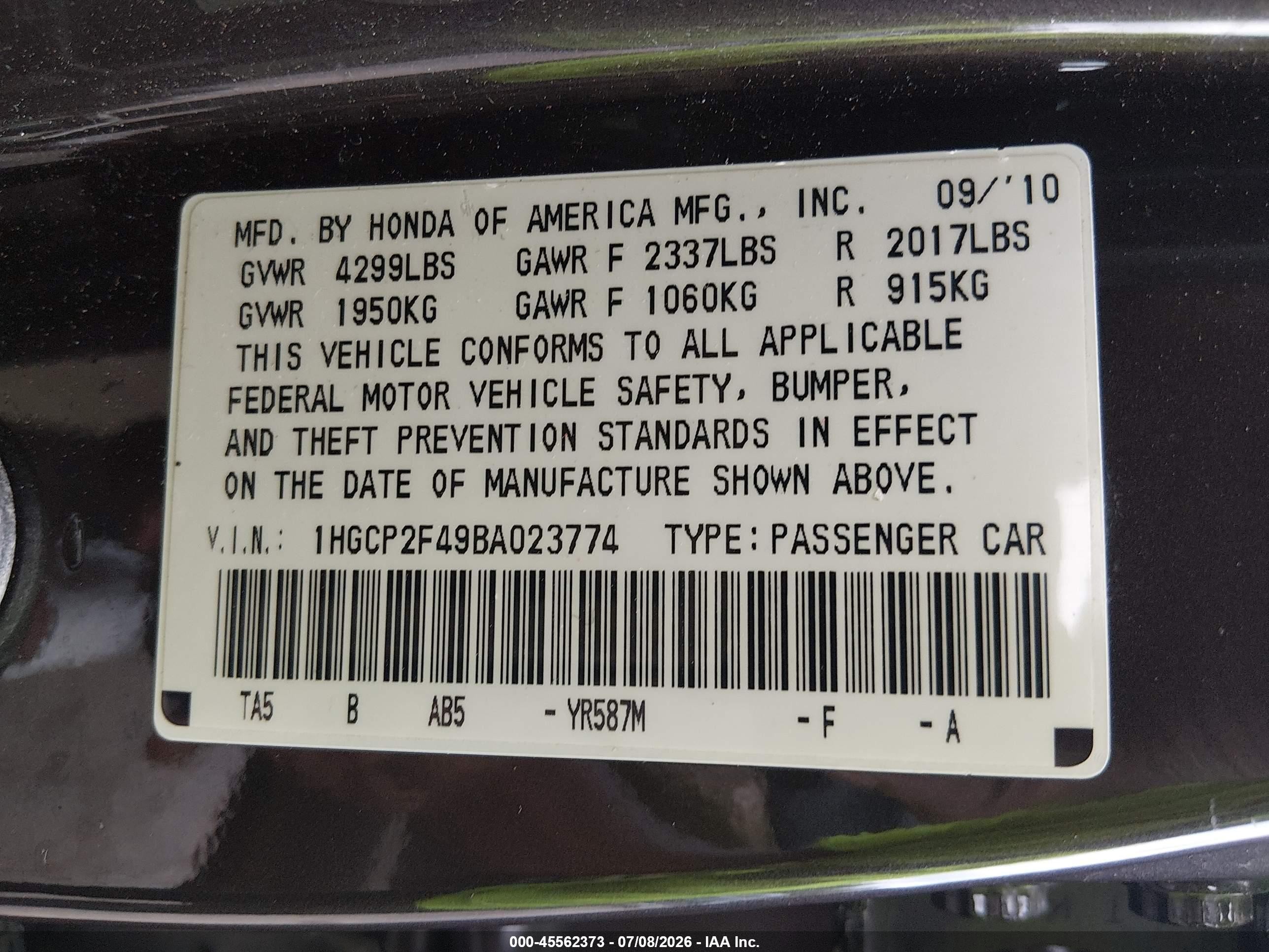 2011 Honda Accord 2.4 Lx-p Gray vin: 1HGCP2F49BA023774