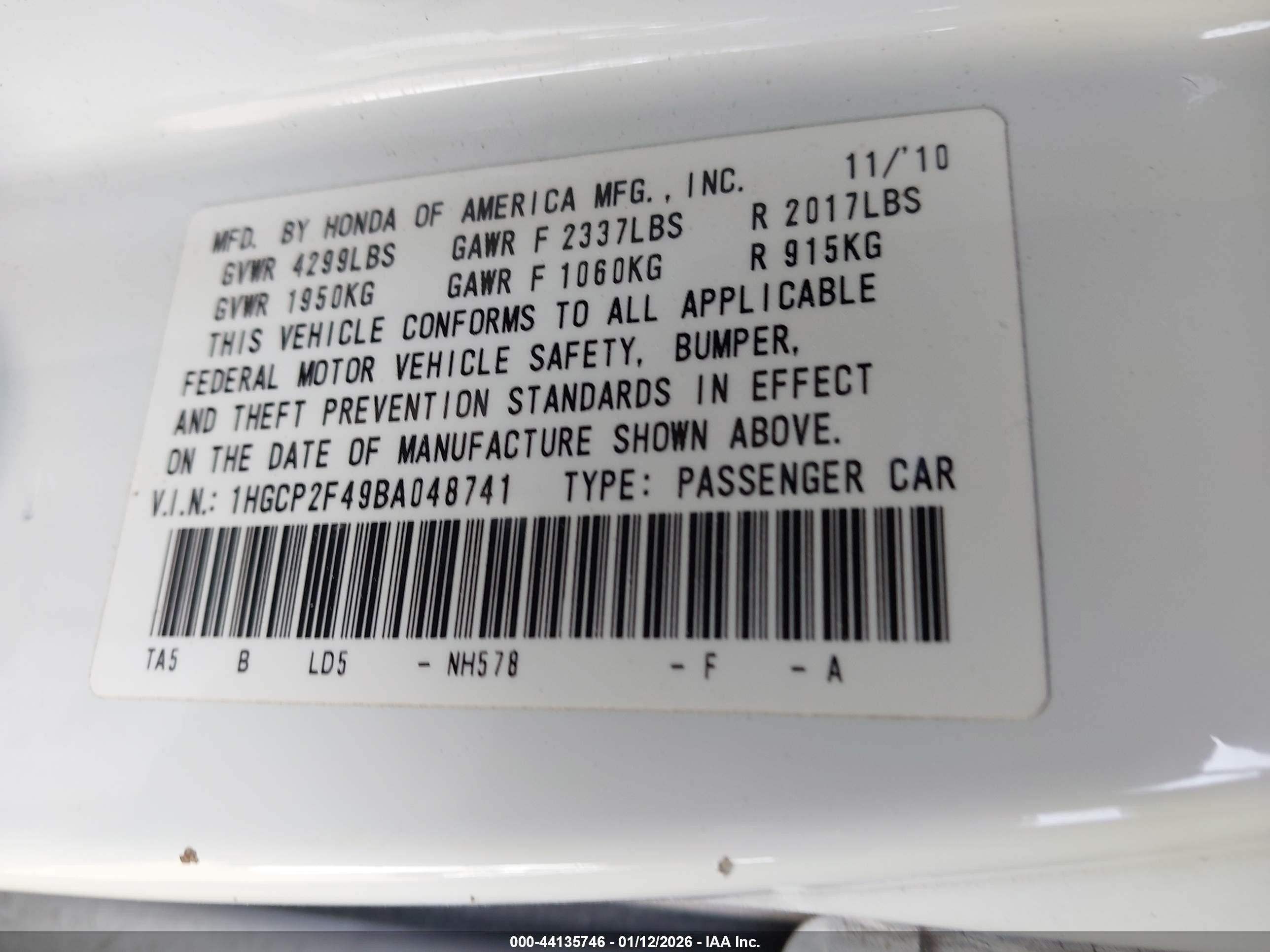 2011 Honda Accord 2.4 Lx-p White vin: 1HGCP2F49BA048741