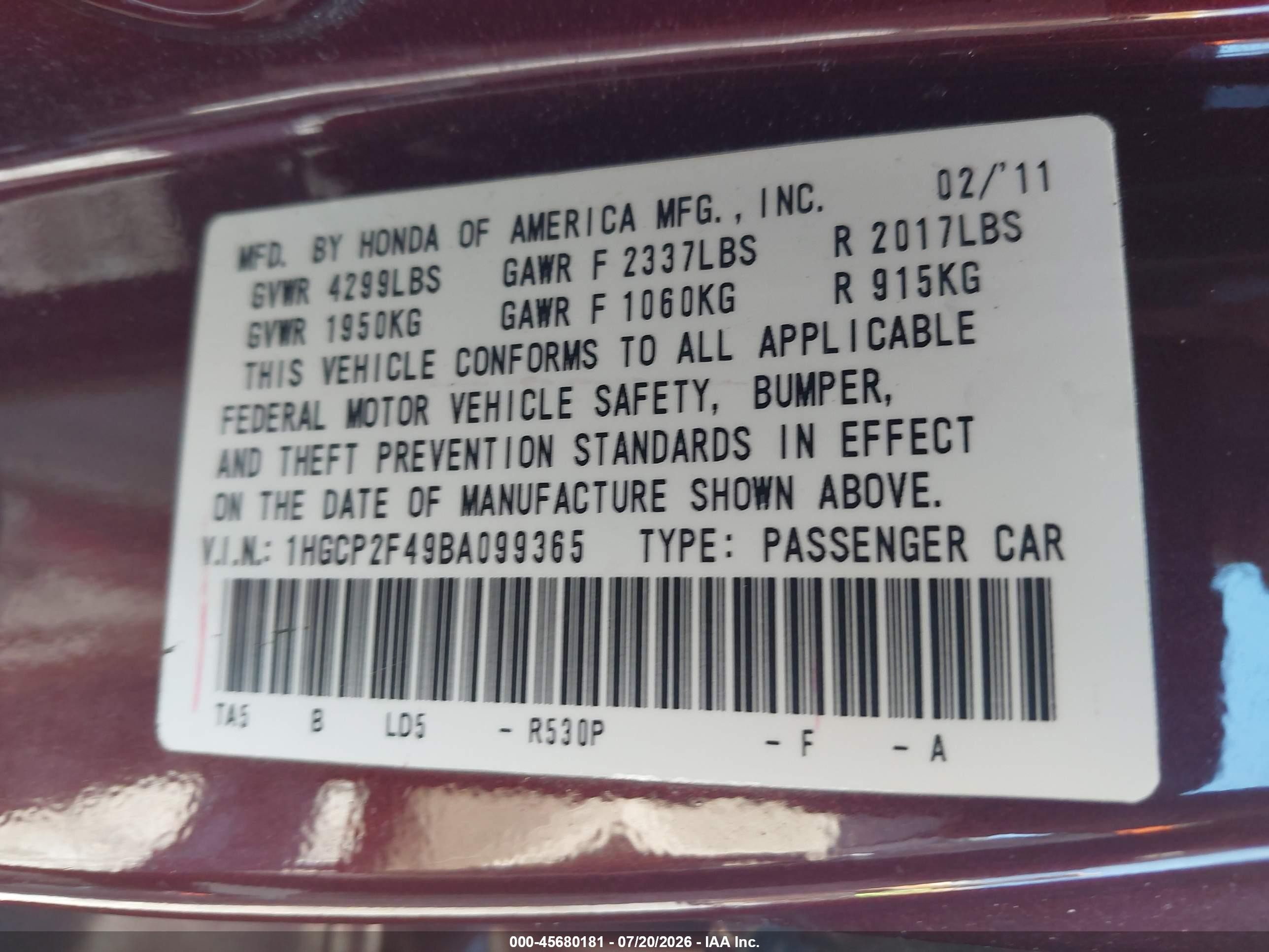 2011 Honda Accord 2.4 Lx-p Red vin: 1HGCP2F49BA099365