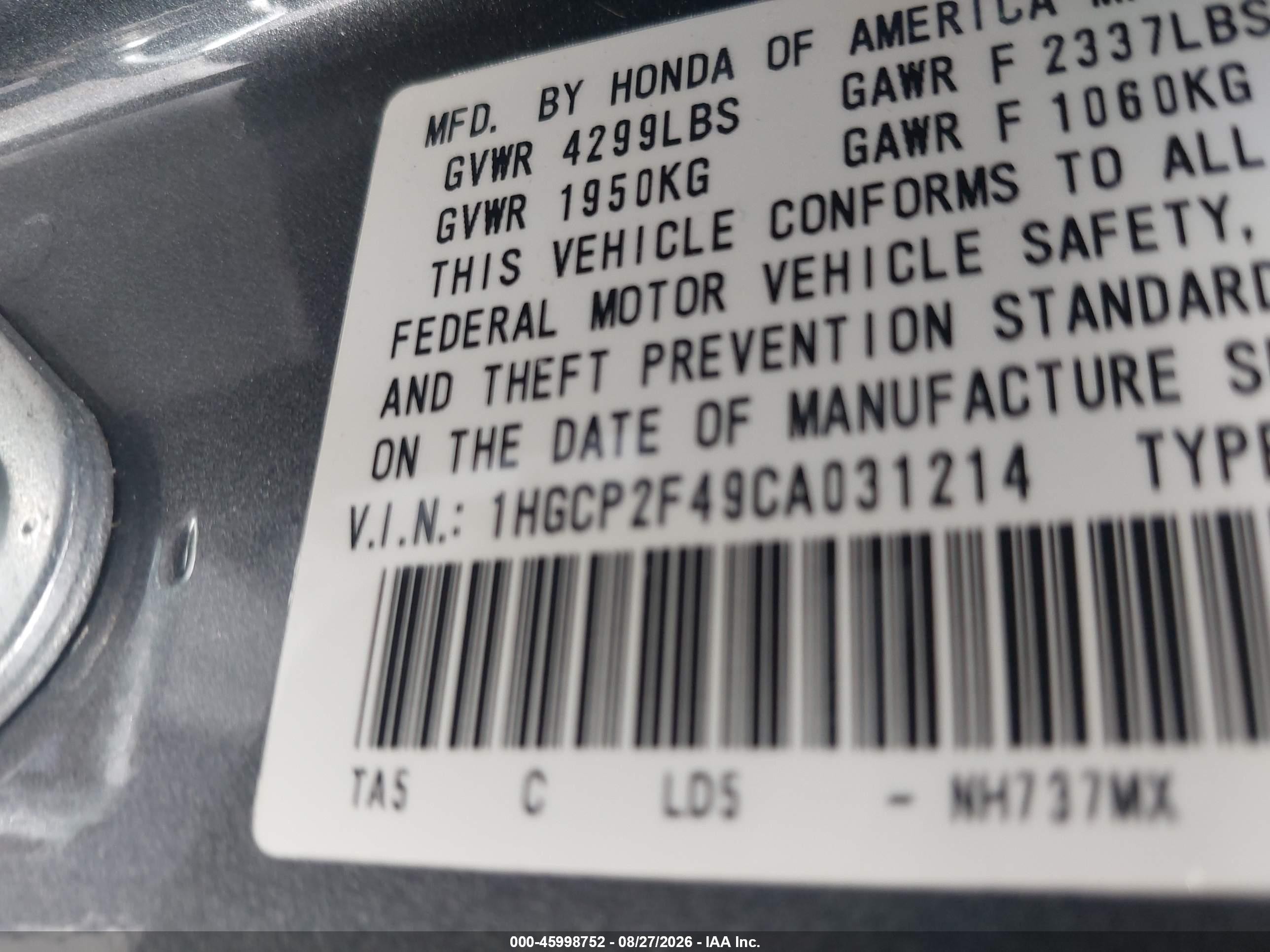 2012 Honda Accord 2.4 Lx-p Gray vin: 1HGCP2F49CA031214
