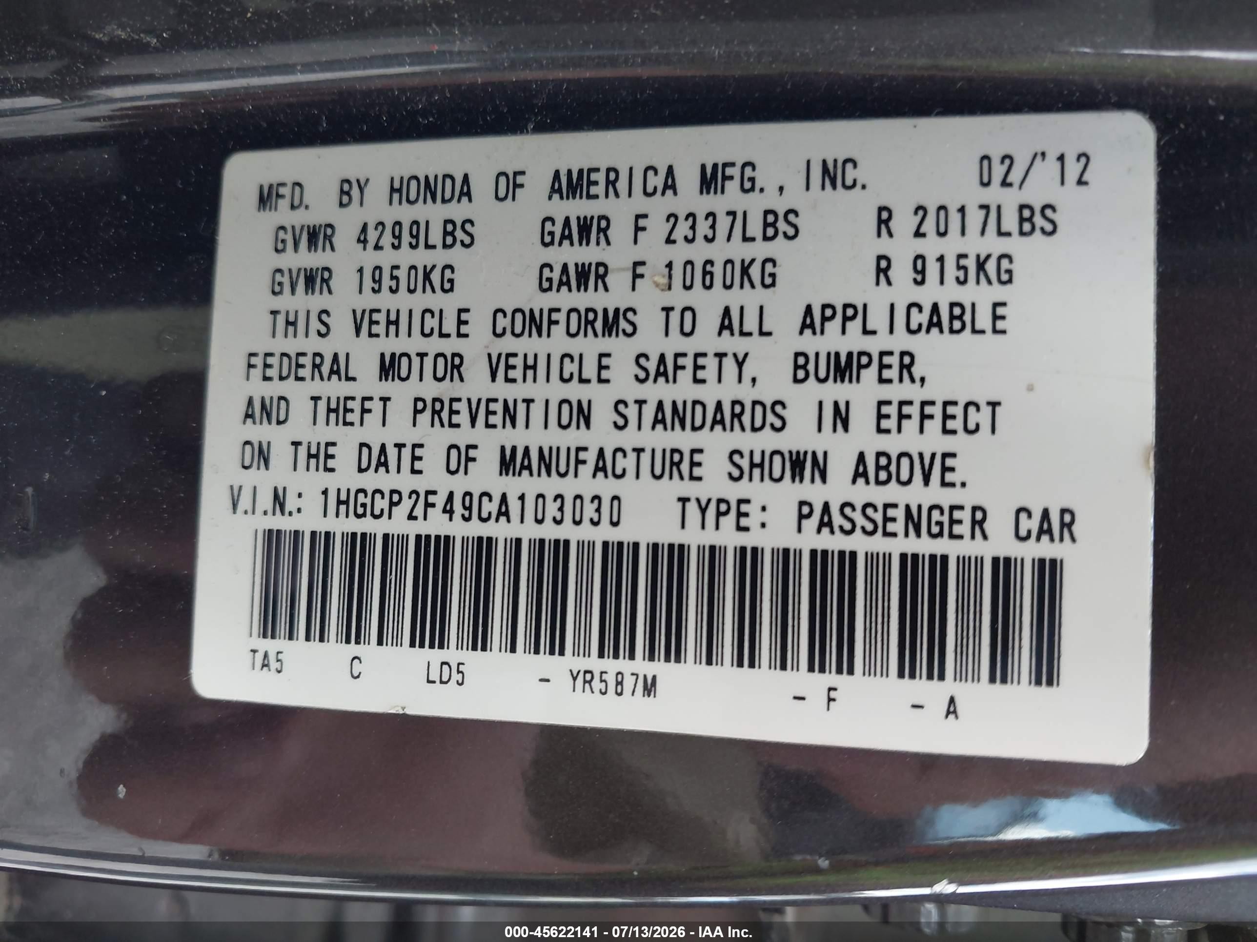 2012 Honda Accord 2.4 Lx-p Black vin: 1HGCP2F49CA103030