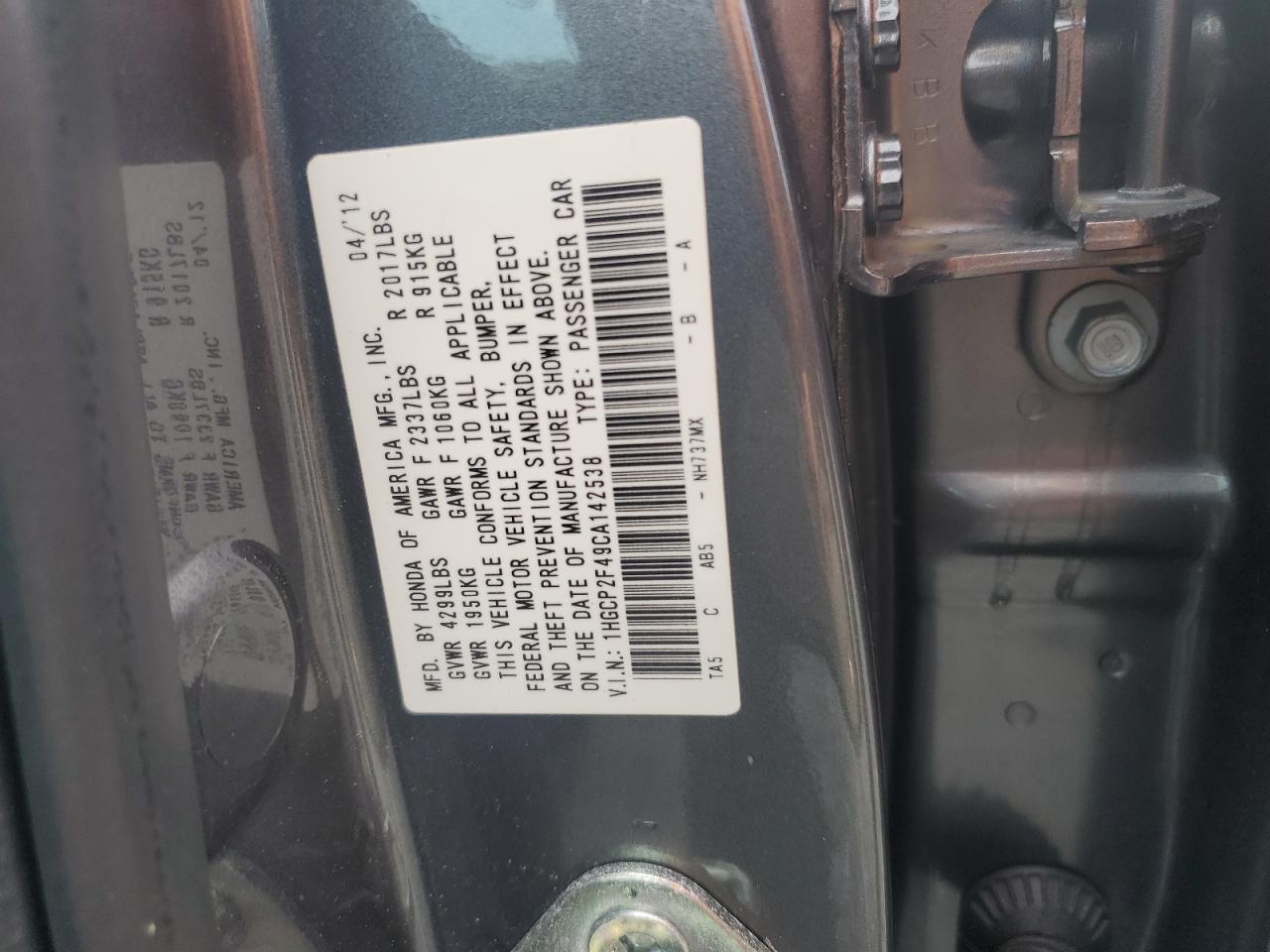 2012 Honda Accord Lxp Charcoal vin: 1HGCP2F49CA142538