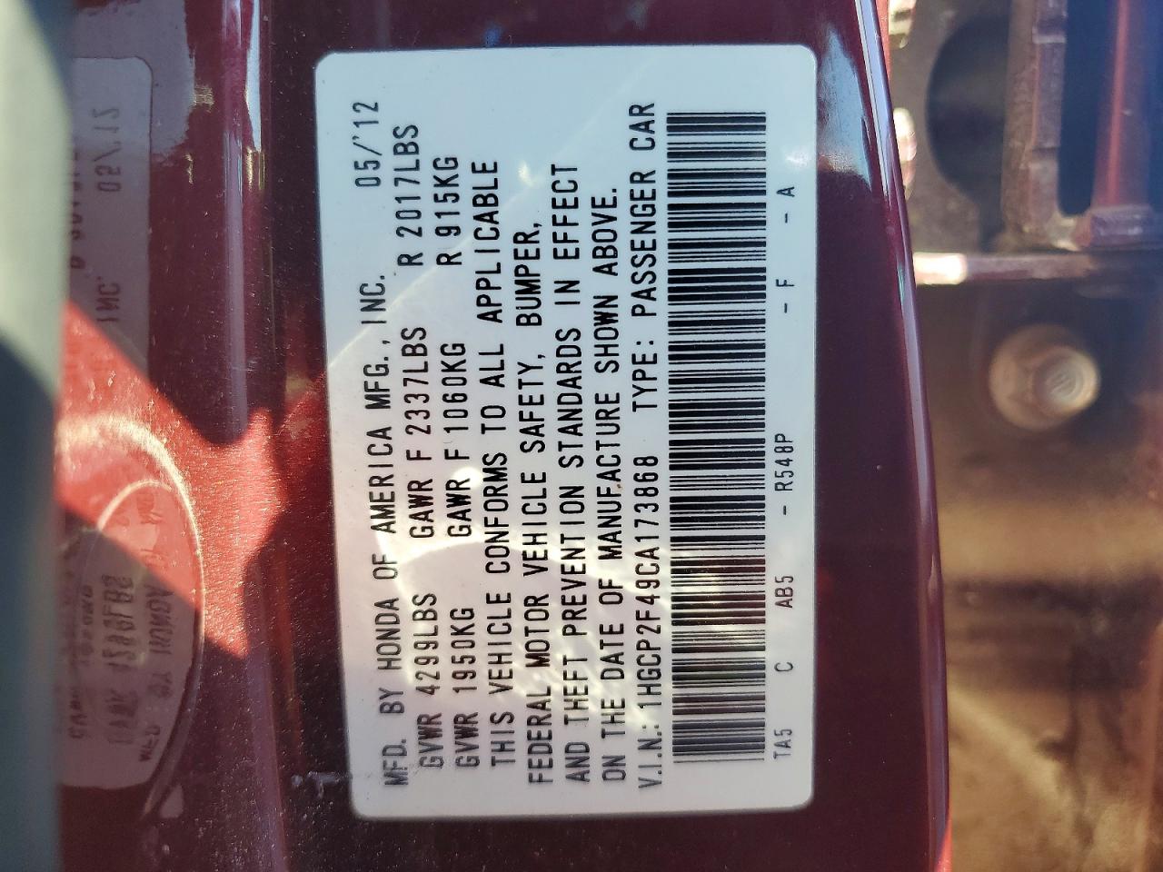 2012 Honda Accord Lxp Maroon vin: 1HGCP2F49CA173868