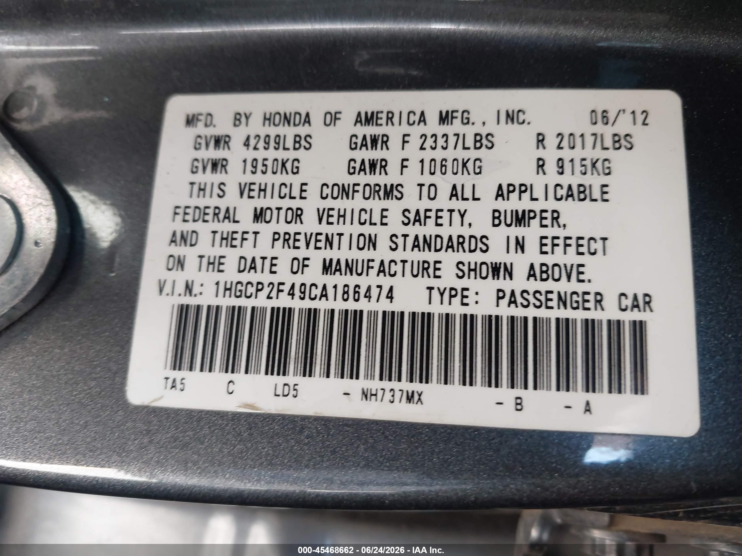 2012 Honda Accord 2.4 Lx-p Gray vin: 1HGCP2F49CA186474