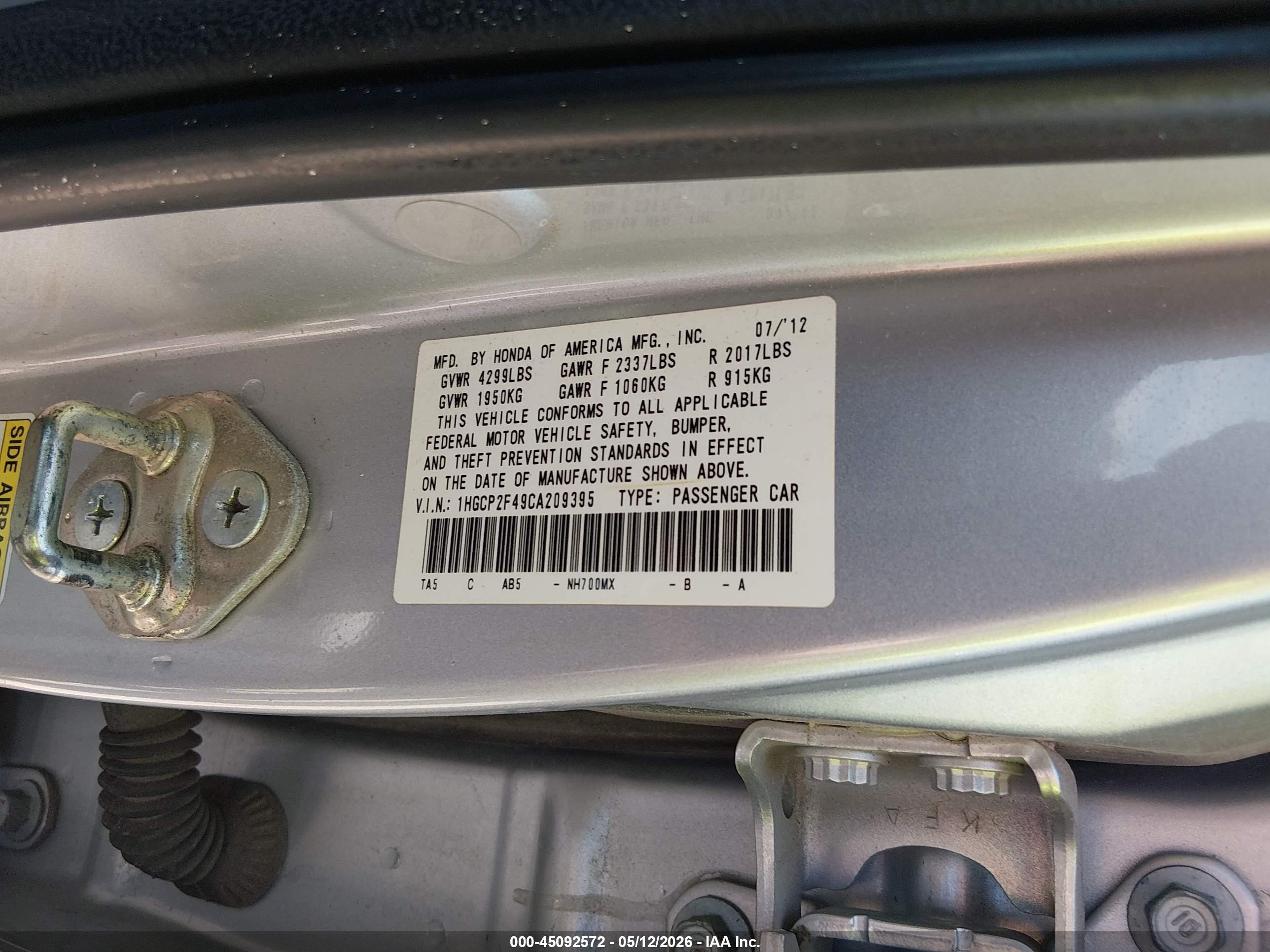 2012 Honda Accord 2.4 Lx-p Silver vin: 1HGCP2F49CA209395