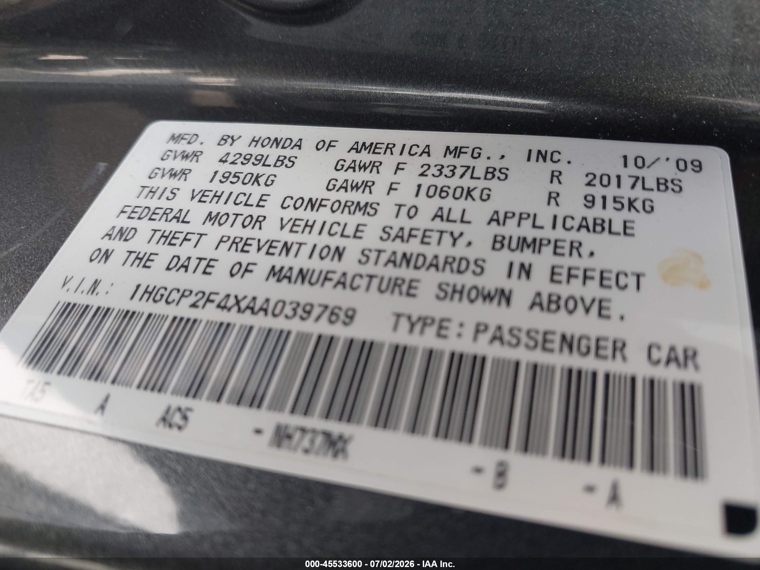 2010 Honda Accord 2.4 Lx-p Gray vin: 1HGCP2F4XAA039769