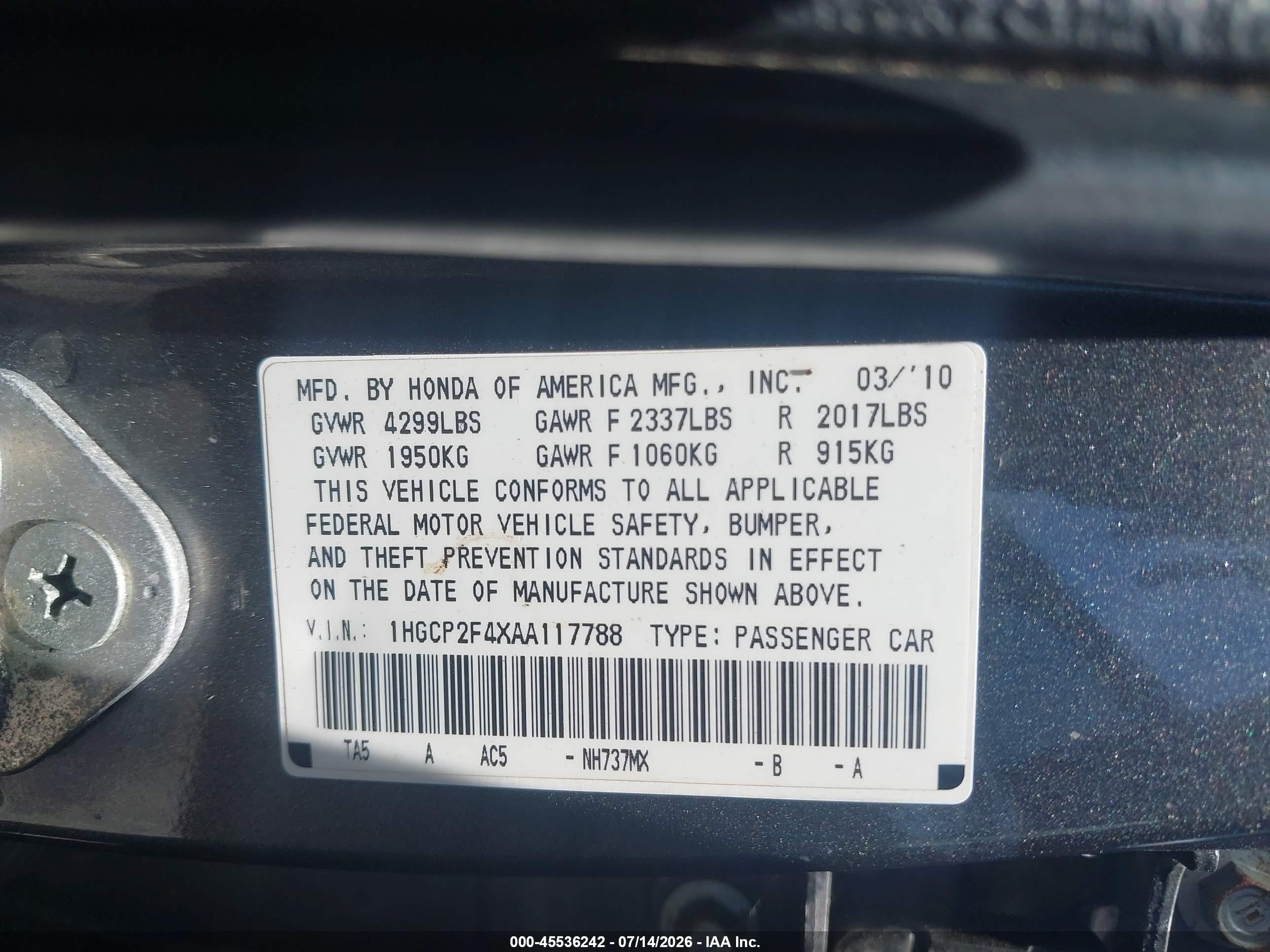 2010 Honda Accord 2.4 Lx-p Gray vin: 1HGCP2F4XAA117788