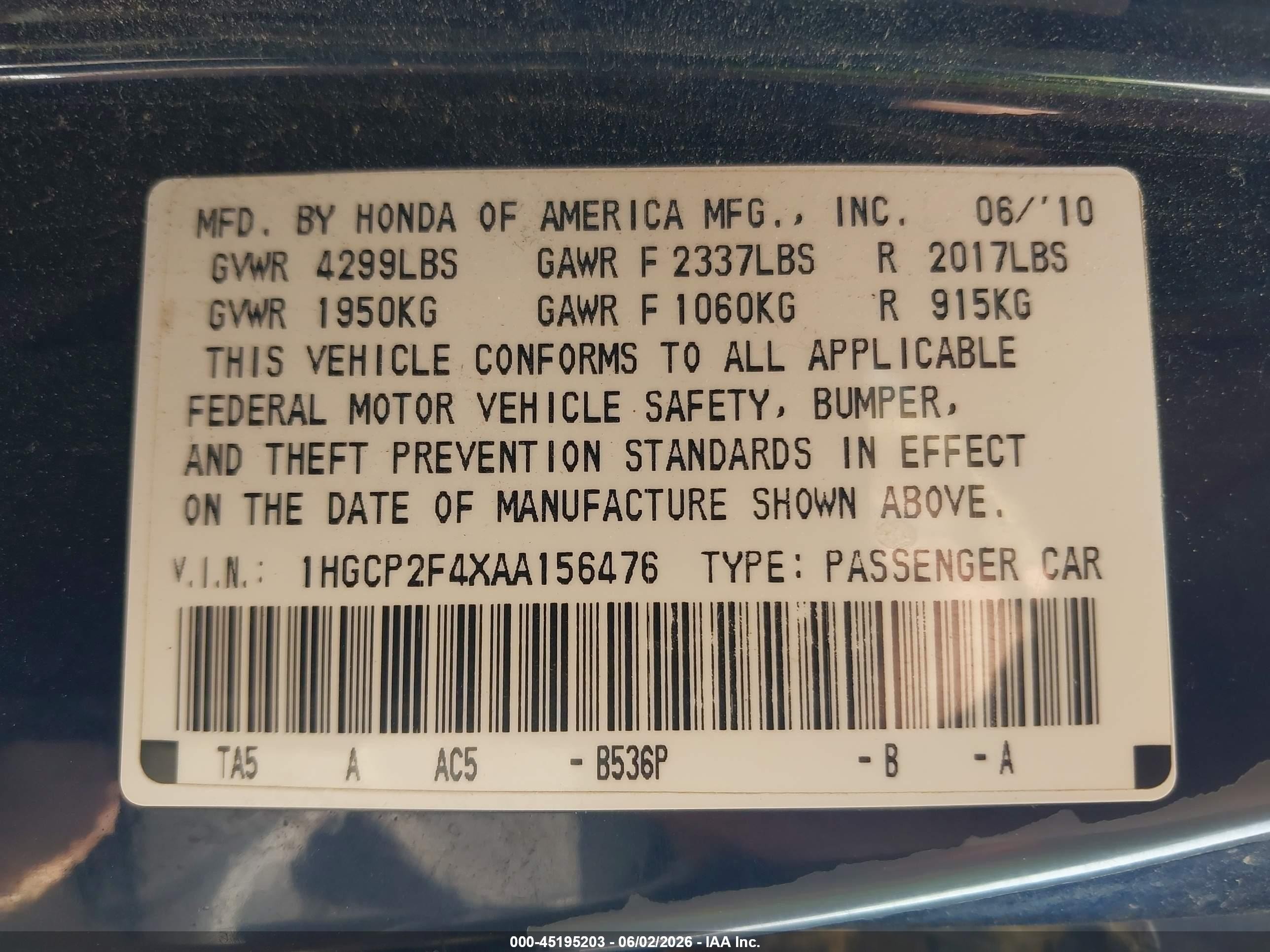 2010 Honda Accord 2.4 Lx-p Blue vin: 1HGCP2F4XAA156476