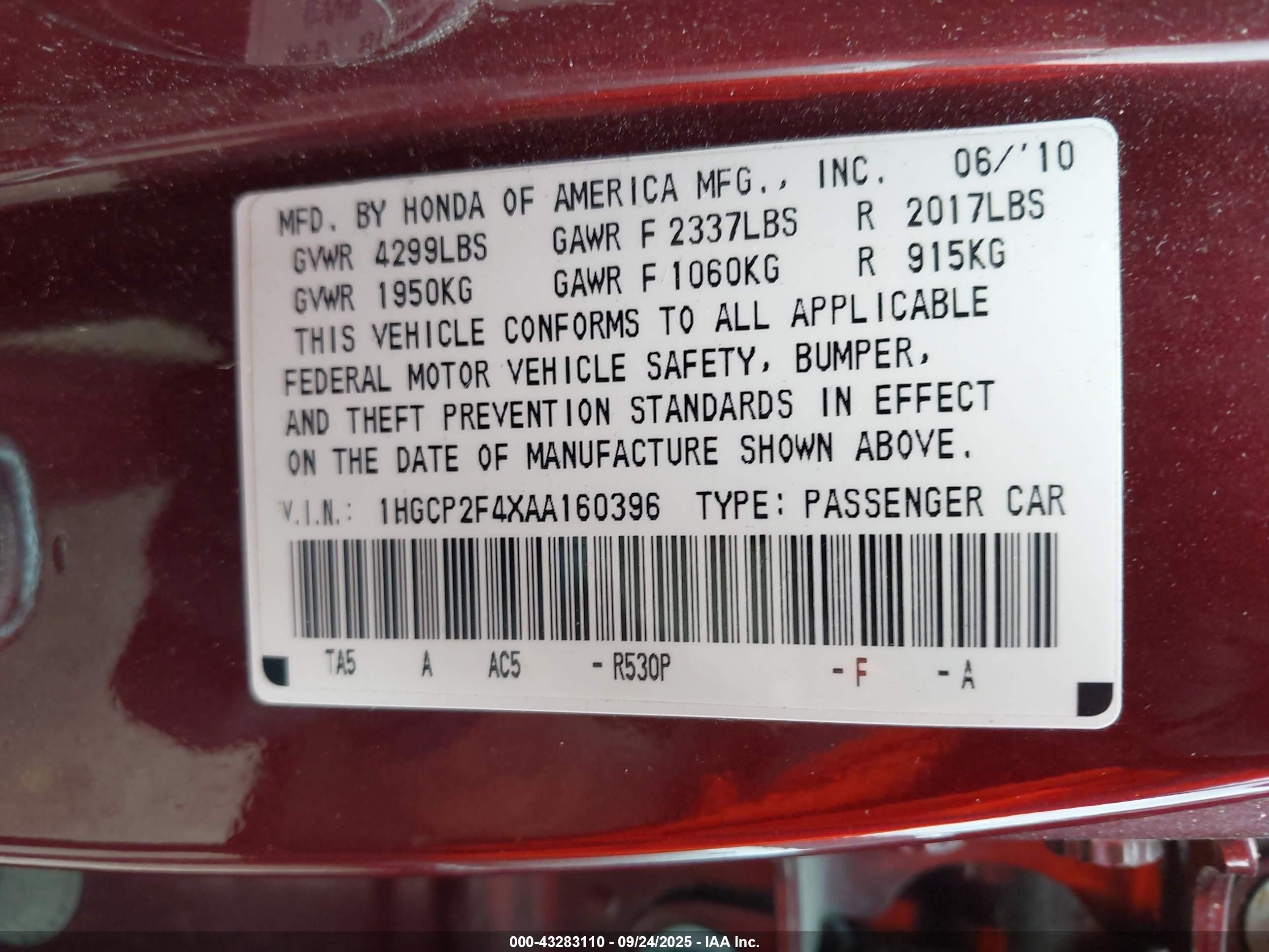 2010 Honda Accord 2.4 Lx-p Burgundy vin: 1HGCP2F4XAA160396