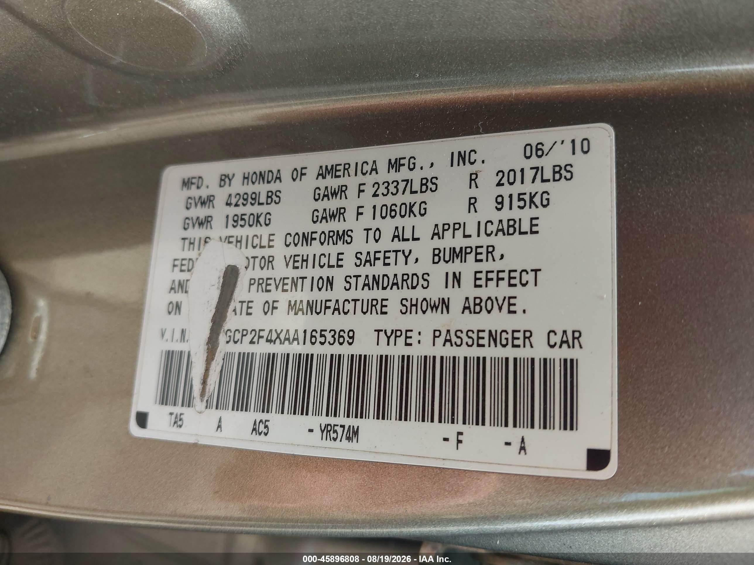 2010 Honda Accord 2.4 Lx-p Gold vin: 1HGCP2F4XAA165369