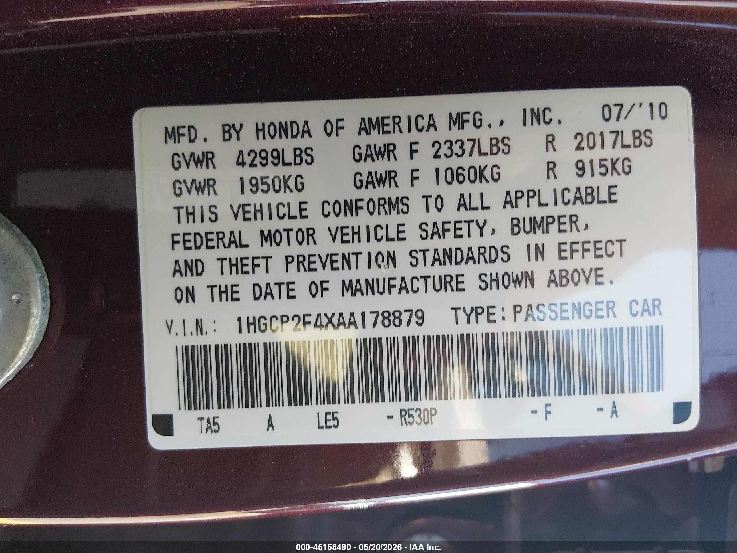 2010 Honda Accord 2.4 Lx-p Red vin: 1HGCP2F4XAA178879