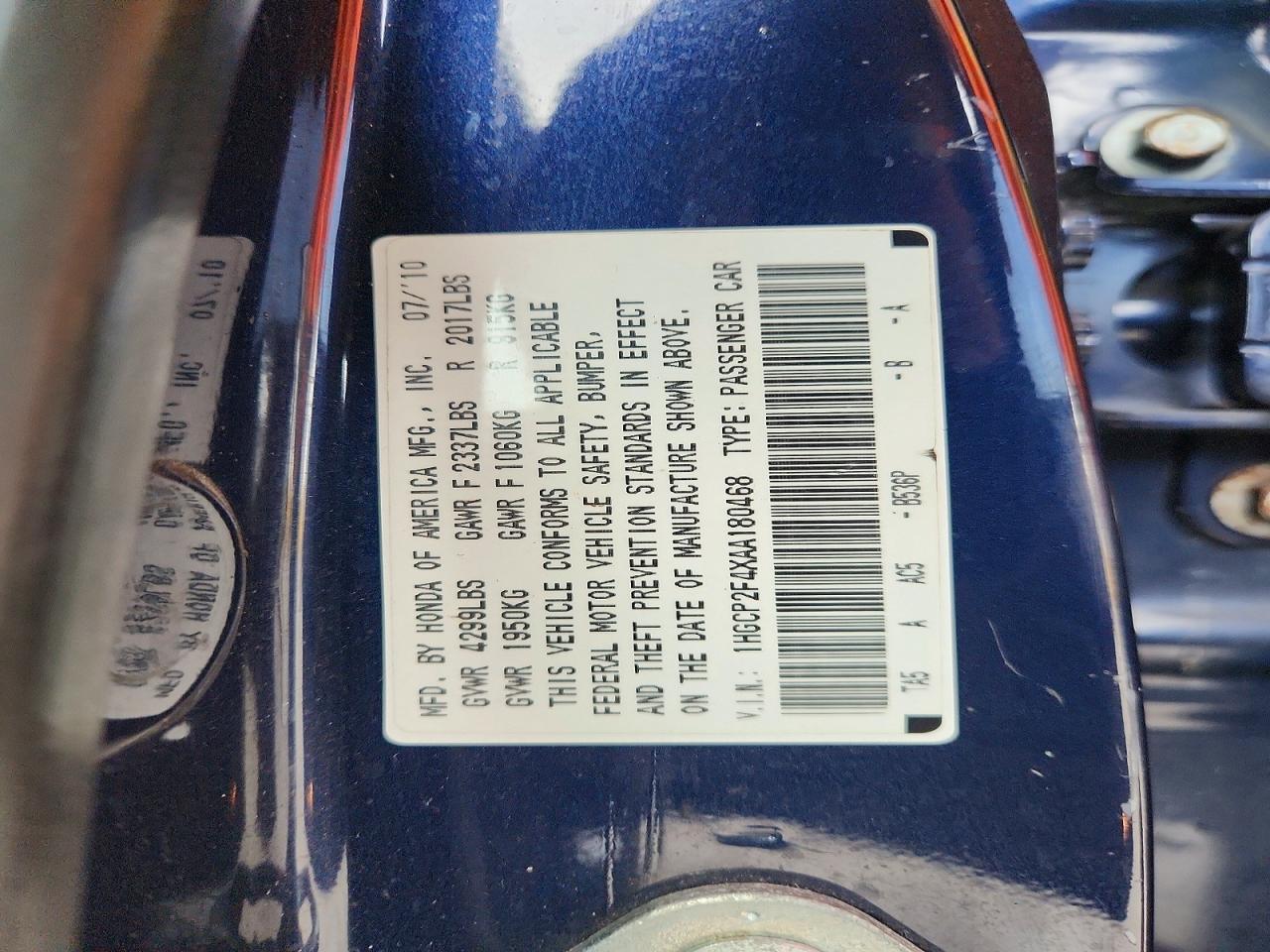 2010 Honda Accord Lxp Blue vin: 1HGCP2F4XAA180468
