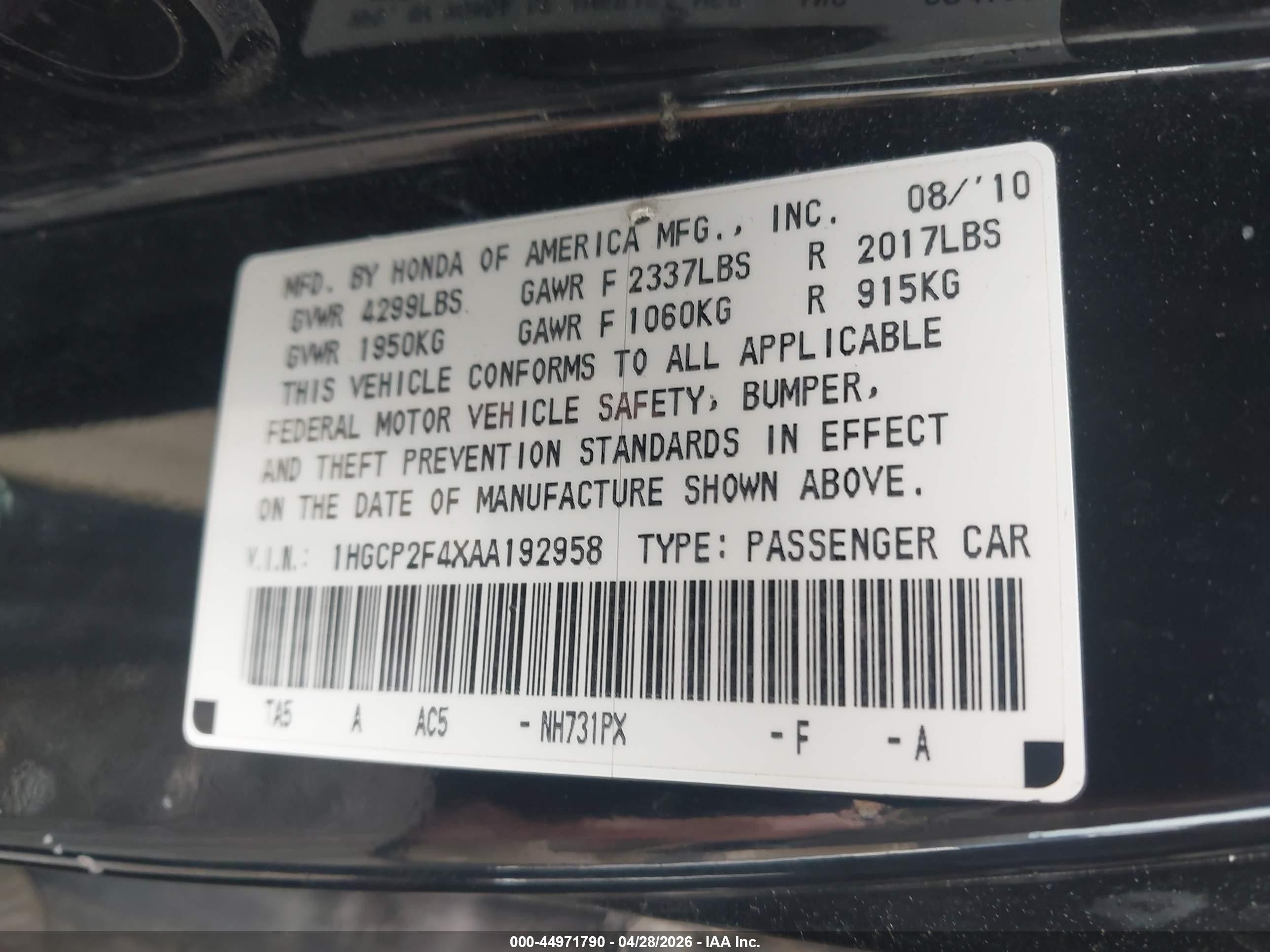 2010 Honda Accord 2.4 Lx-p Black vin: 1HGCP2F4XAA192958