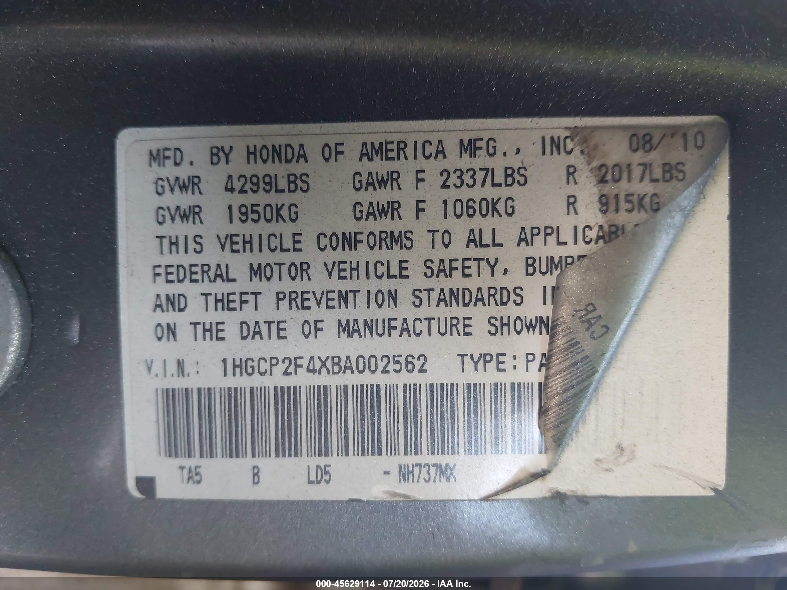 2011 Honda Accord 2.4 Lx-p Gray vin: 1HGCP2F4XBA002562